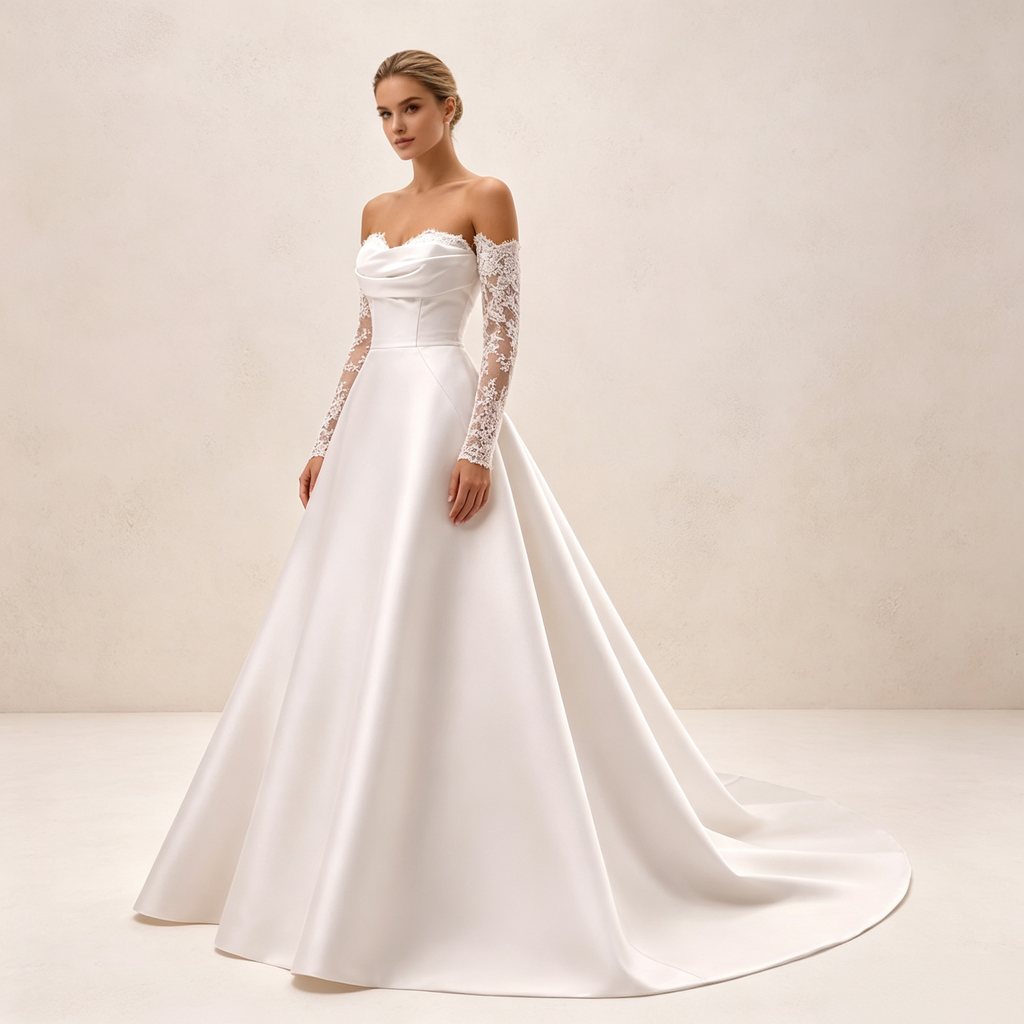 Bodenlanges Abendkleid aus Satin in Elfenbein mit schulterfreiem Ausschnitt, Spitzenärmeln und A-Linie
