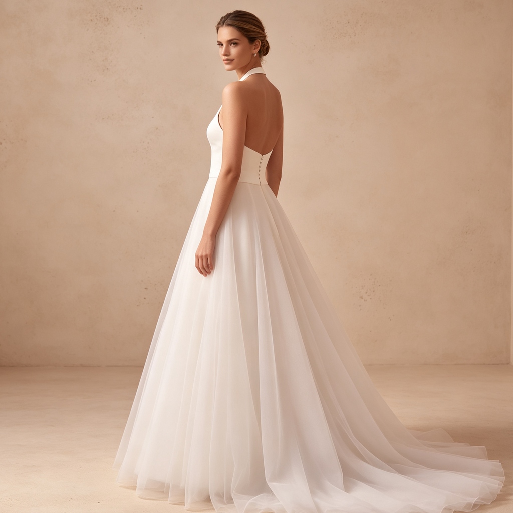 Weisses Neckholder Kleid mit ausladendem Tüllrock, figurbetontes Satin-Oberteil, langes Abendkleid für festliche Anlässe