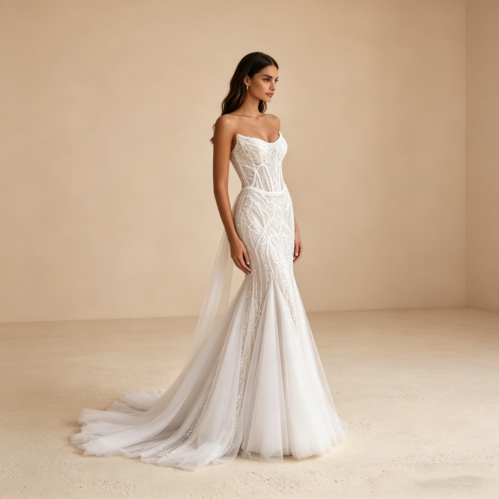 Exquisites Abendkleid in Elfenbein mit Perlenstickerei, Elegante Meerjungfrau-Silhouette, Ärmelloses Maxikleid für Besondere Anlässe