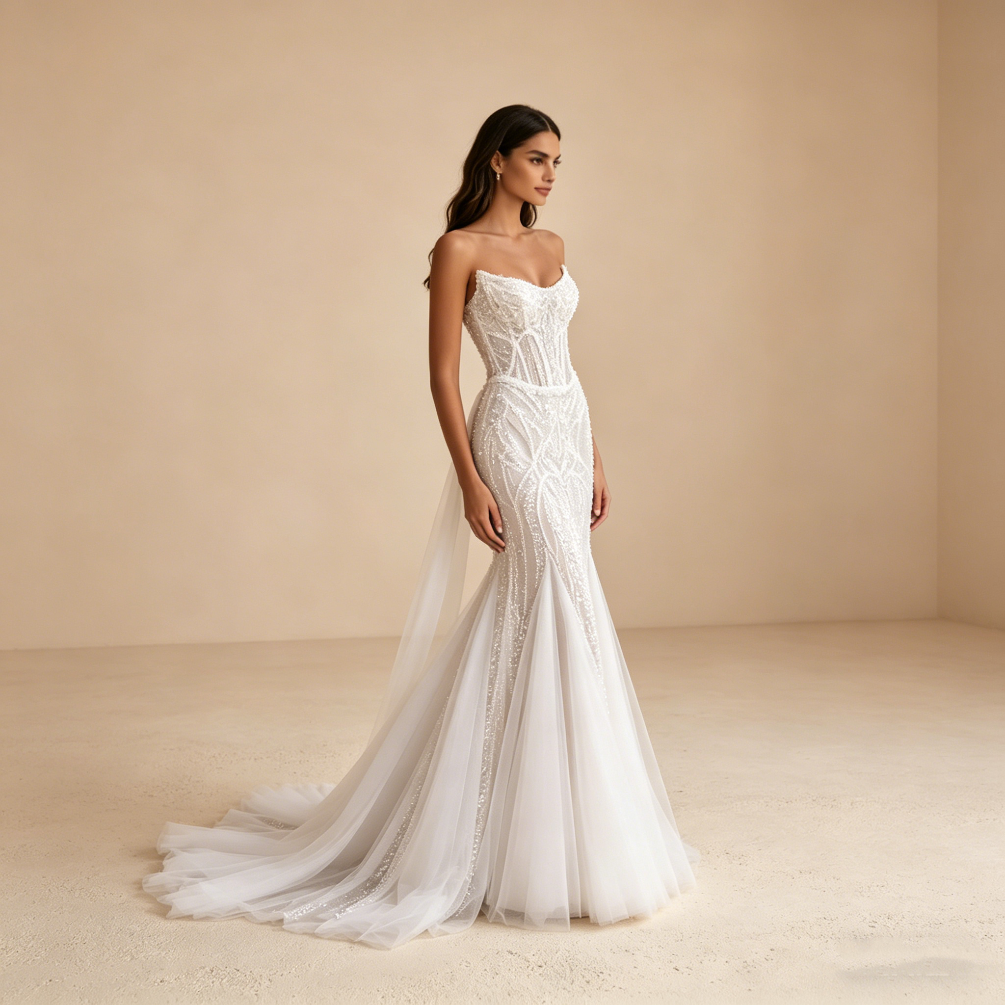 Exquisites Abendkleid in Elfenbein mit Perlenstickerei, Elegante Meerjungfrau-Silhouette, Ärmelloses Maxikleid für Besondere Anlässe