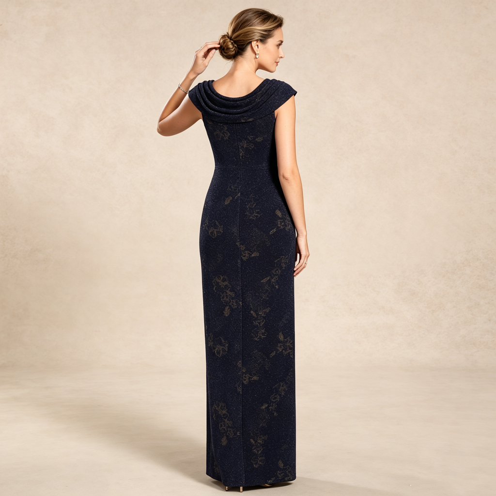 Eleganter bodenlanger Kleid mit drapiertem Kragen, gemustertem Stoff und Seitenschlitz für formelle Anlässe