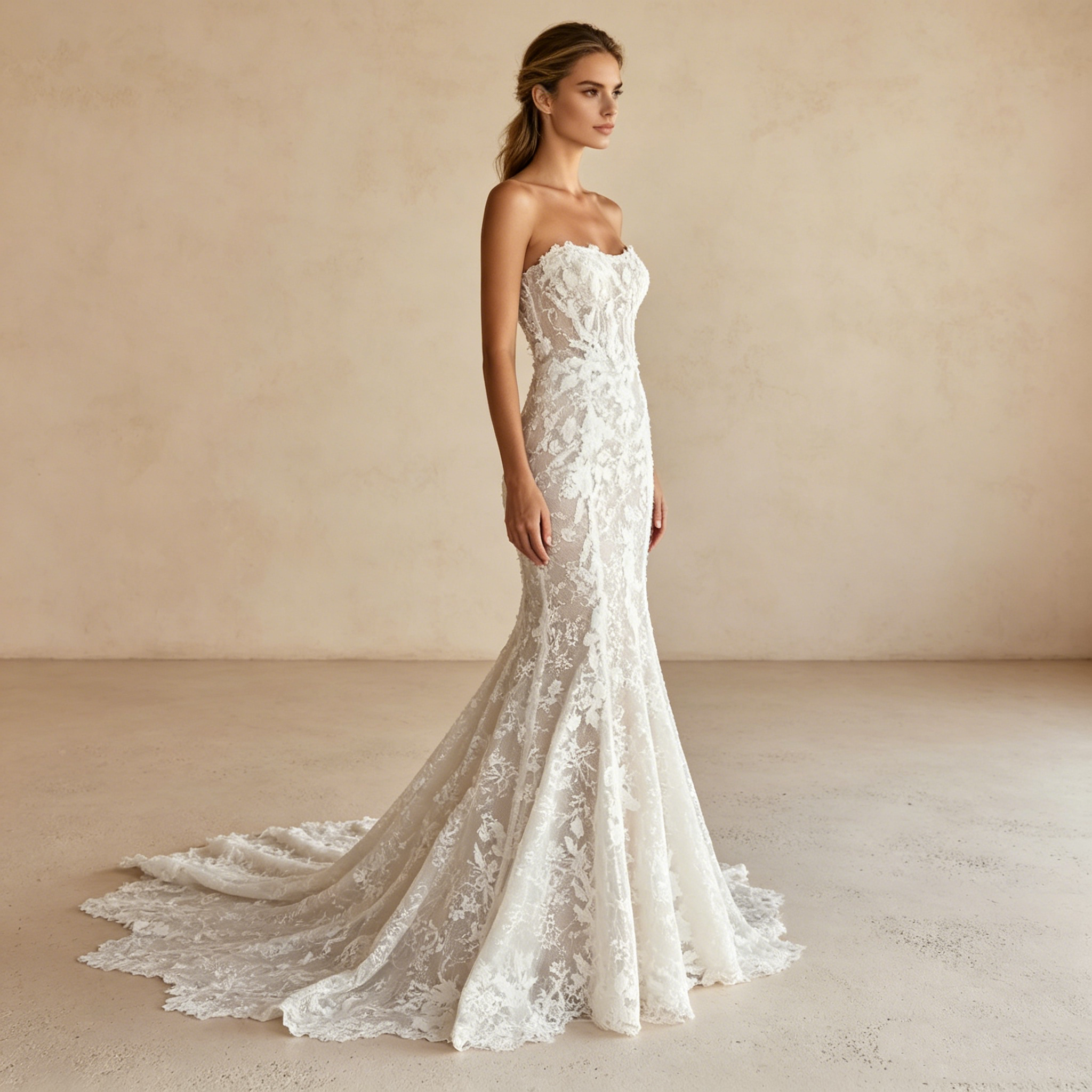 Luxuriöses Spitzen-Maxikleid in Elfenbein – Elegantes Abendkleid mit Schleppe & Meerjungfrau-Schnitt
