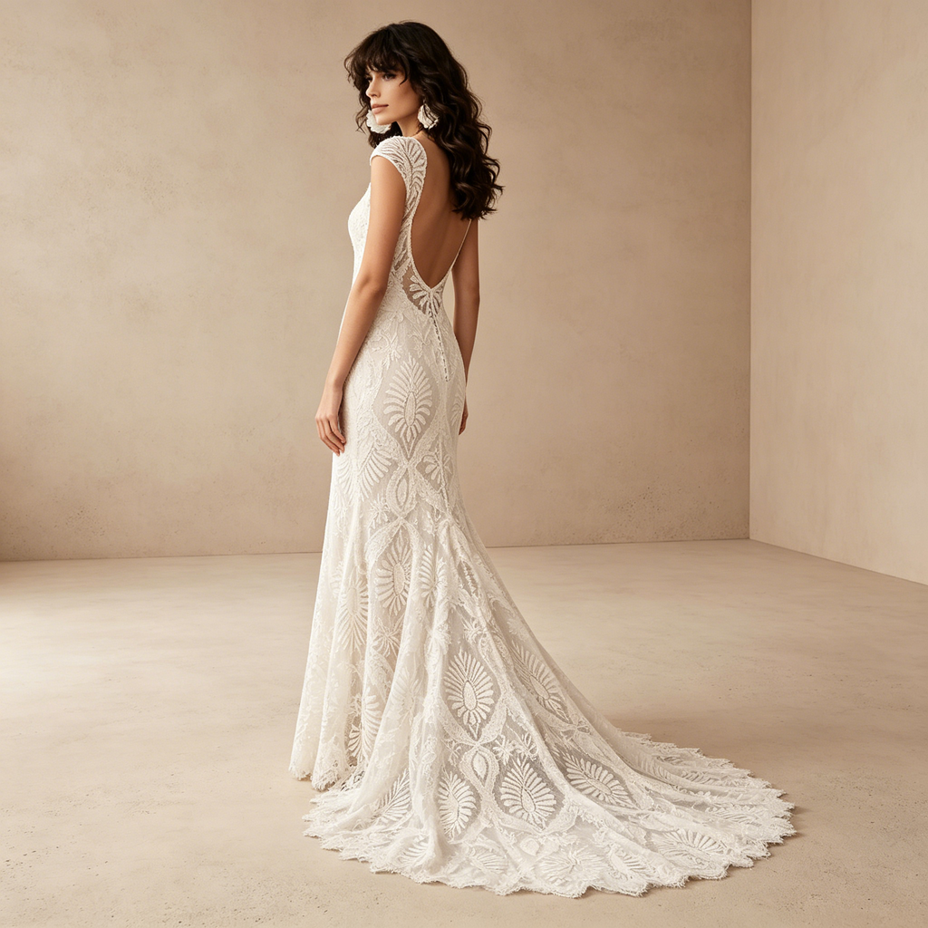 Elegantes Gala-Kleid Figurbetont mit Geometrischer Spitze und Capsleeves