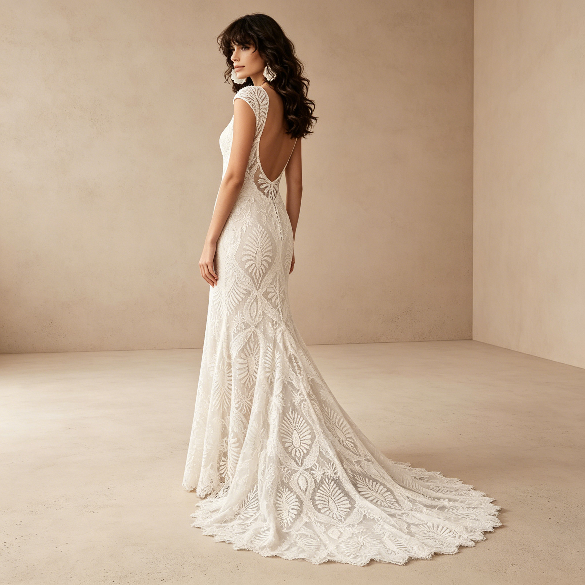 Elegantes Gala-Kleid Figurbetont mit Geometrischer Spitze und Capsleeves