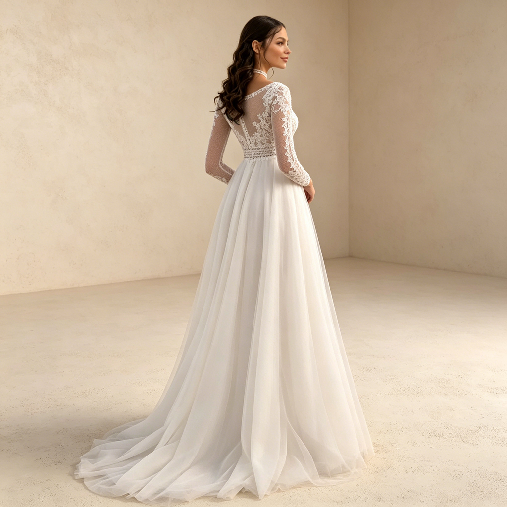 Elegantes A-Linien Abendkleid mit Spitzenärmeln und Hohem Beinschlitz