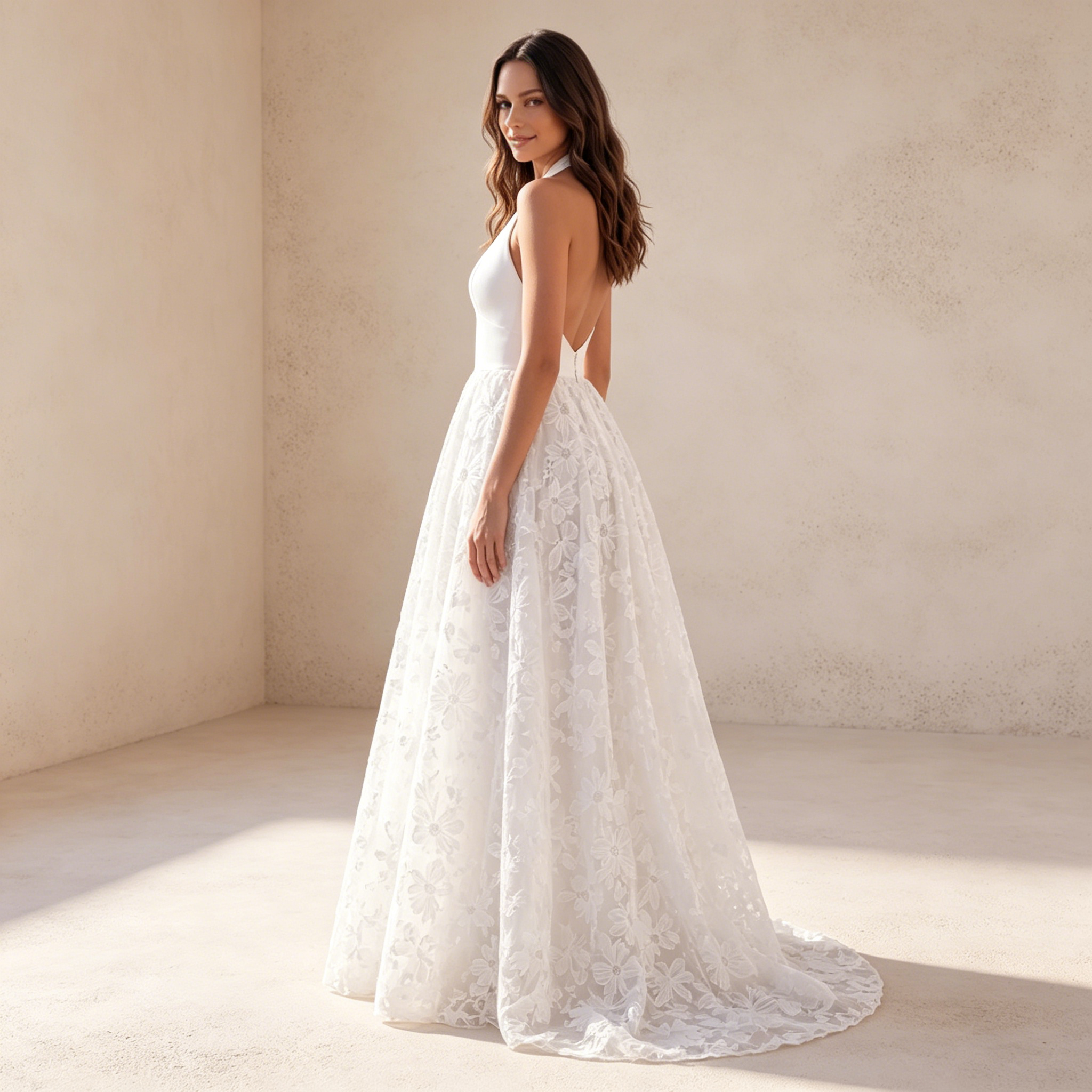 Elegantes Halterneck Abendkleid mit V-Ausschnitt – A-Linie Maxikleid mit Blumenstickerei