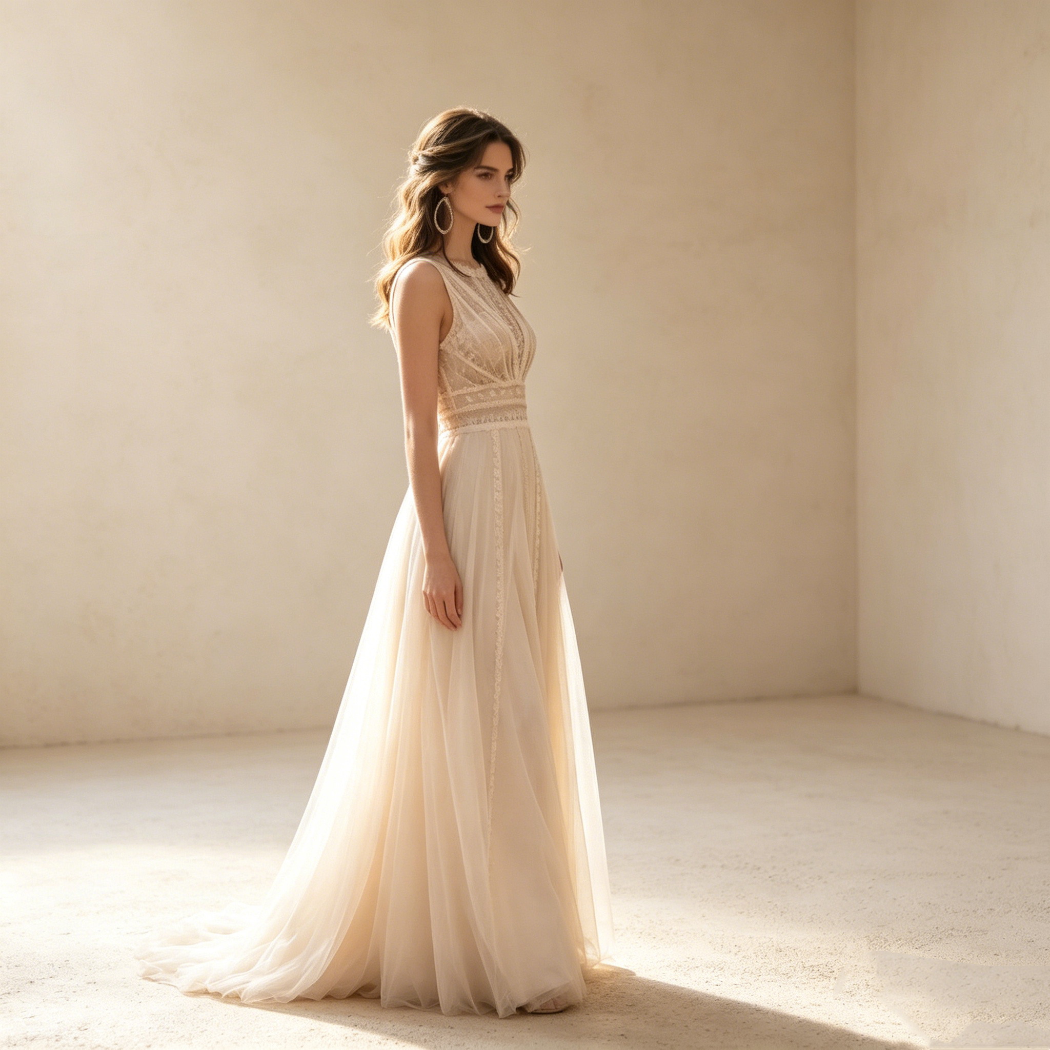 Romantischer Boho-Traum: Fließendes Maxikleid in Elfenbein mit edler Spitze und klassischem Rundhals