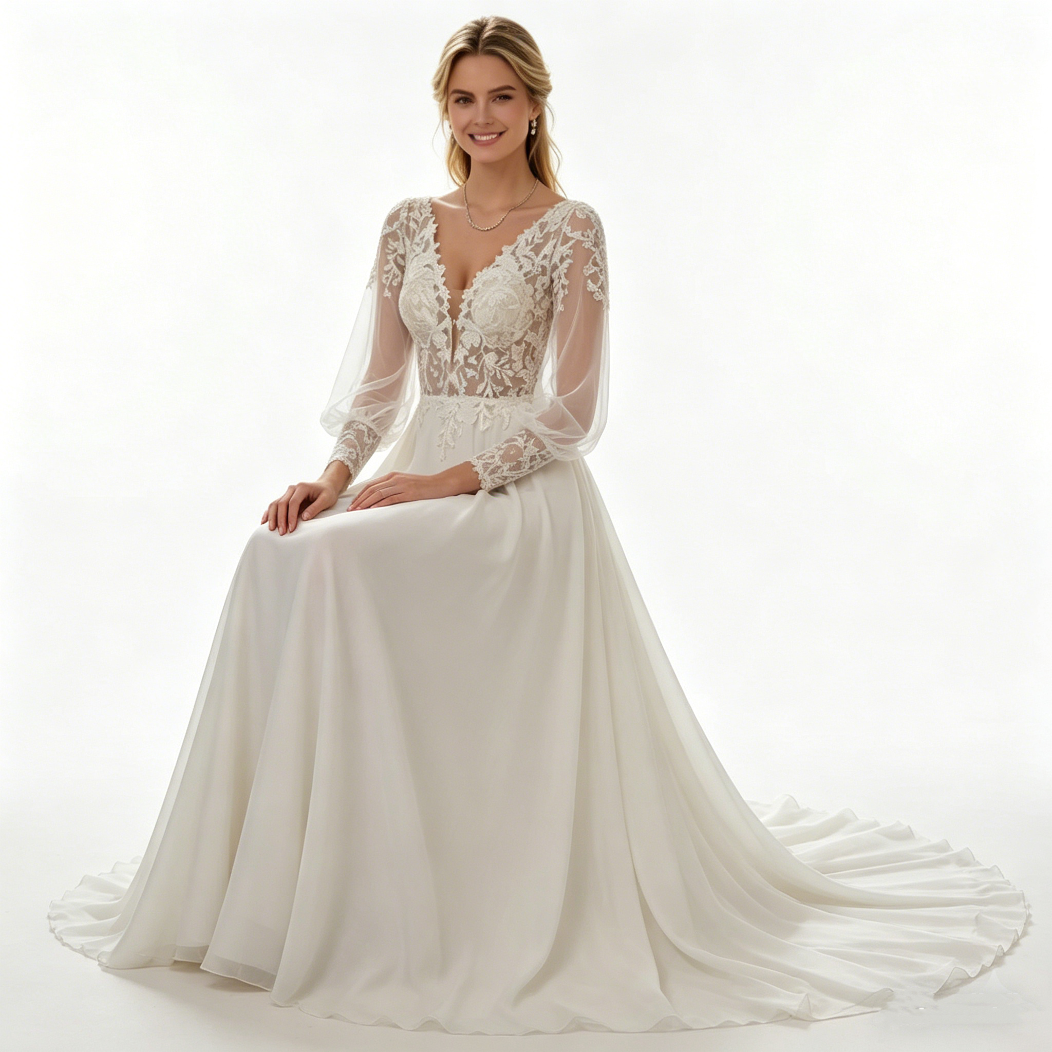 Elegantes weißes Maxikleid mit floraler Spitze und langen Puffärmeln, exklusives Abendkleid mit V-Ausschnitt und Schleppe