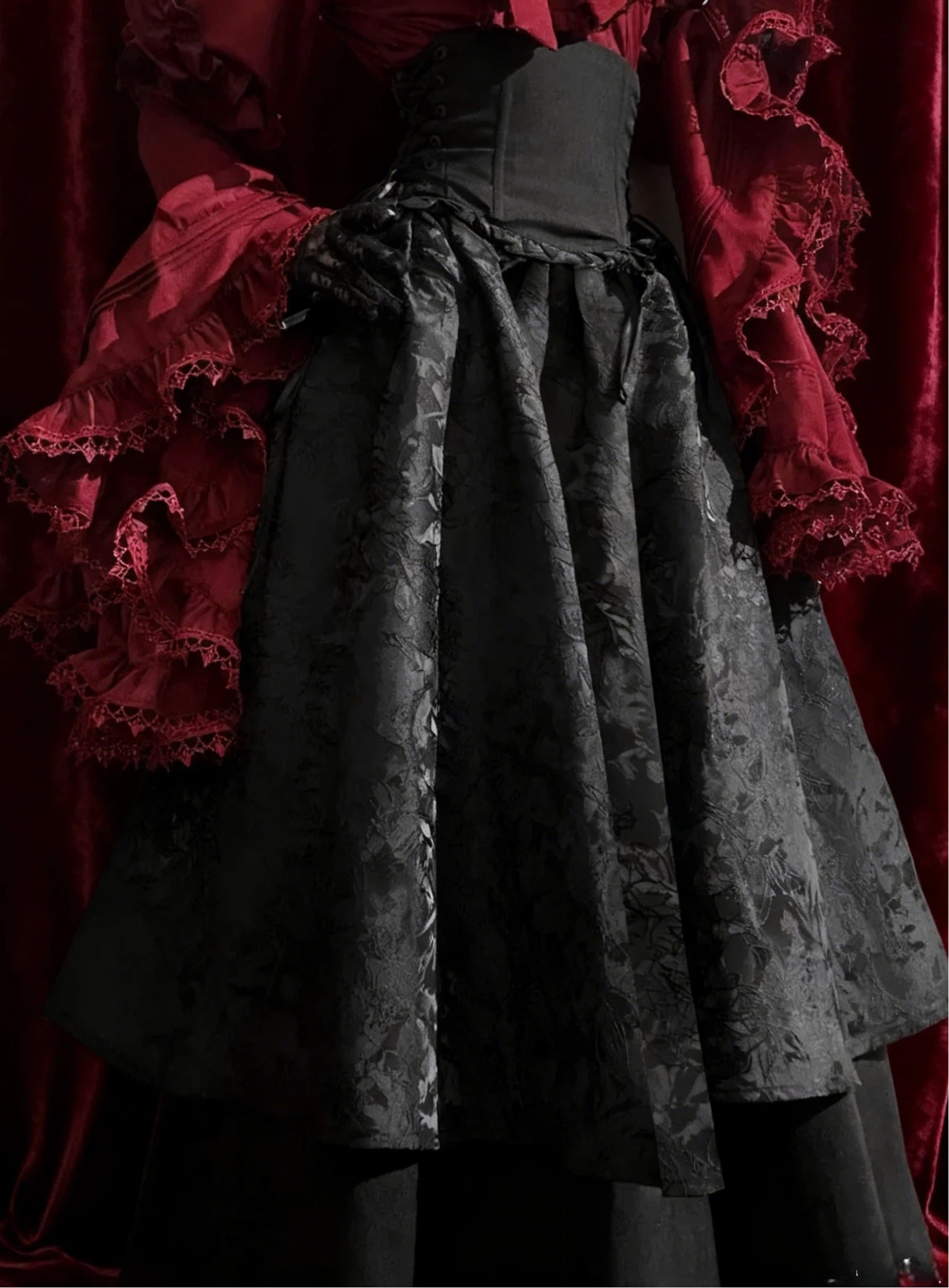 Gothic Lolita Langes Abiballkleid Schwarz Rot Set Halloween Valentinstag Spitze Bedruckt 34-44