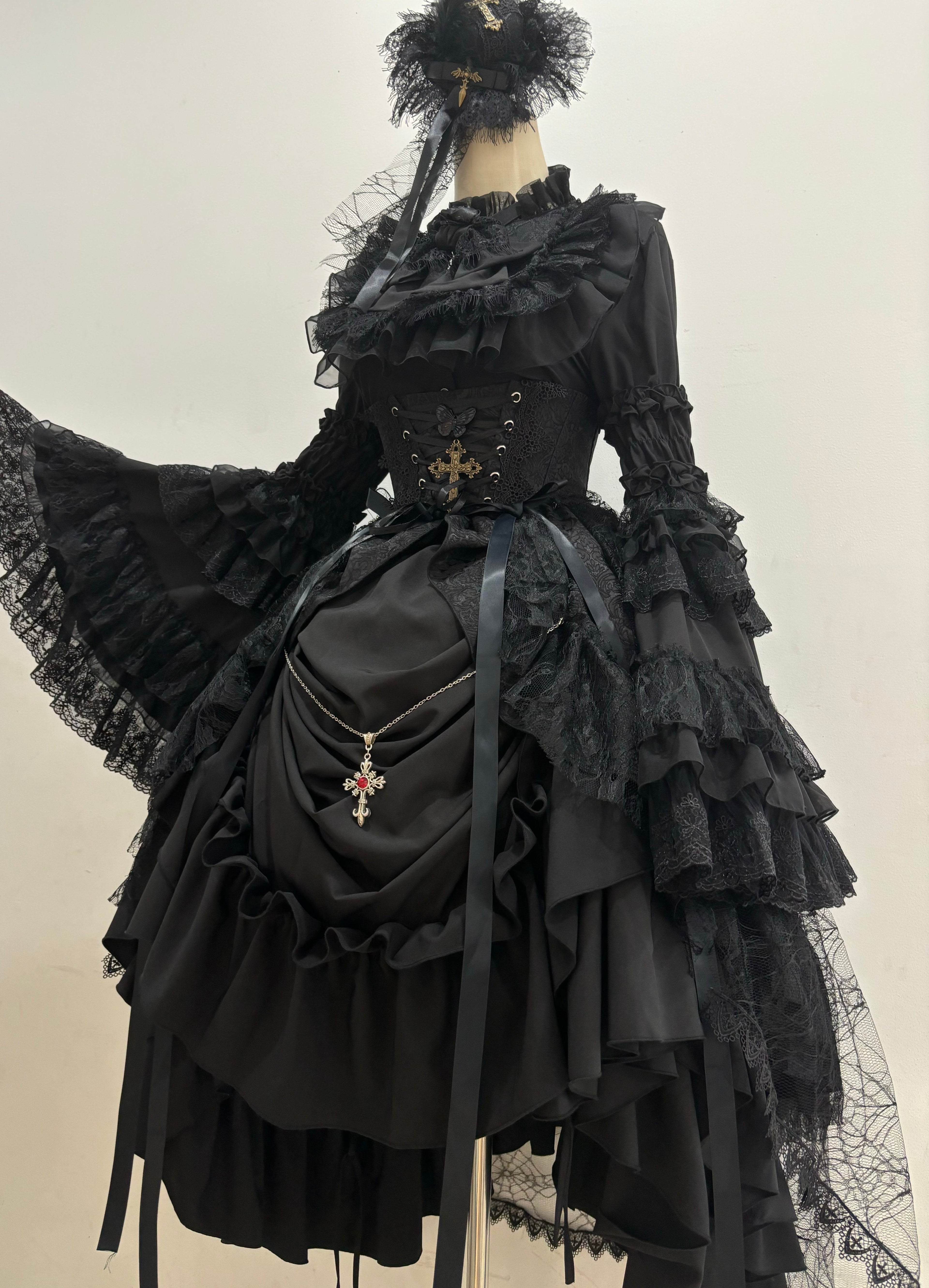 Gothic Lolita Schwarz Lang Abiballkleid Mit Spitze Rüschen Rokoko Halloween Kostüm 34-40