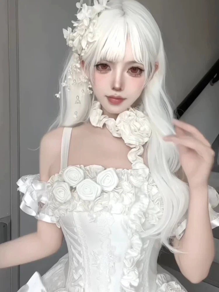 Hime Lolita Ballkleid Weiß Lang Ärmellos OP Hochzeit für Teeparty 34-44