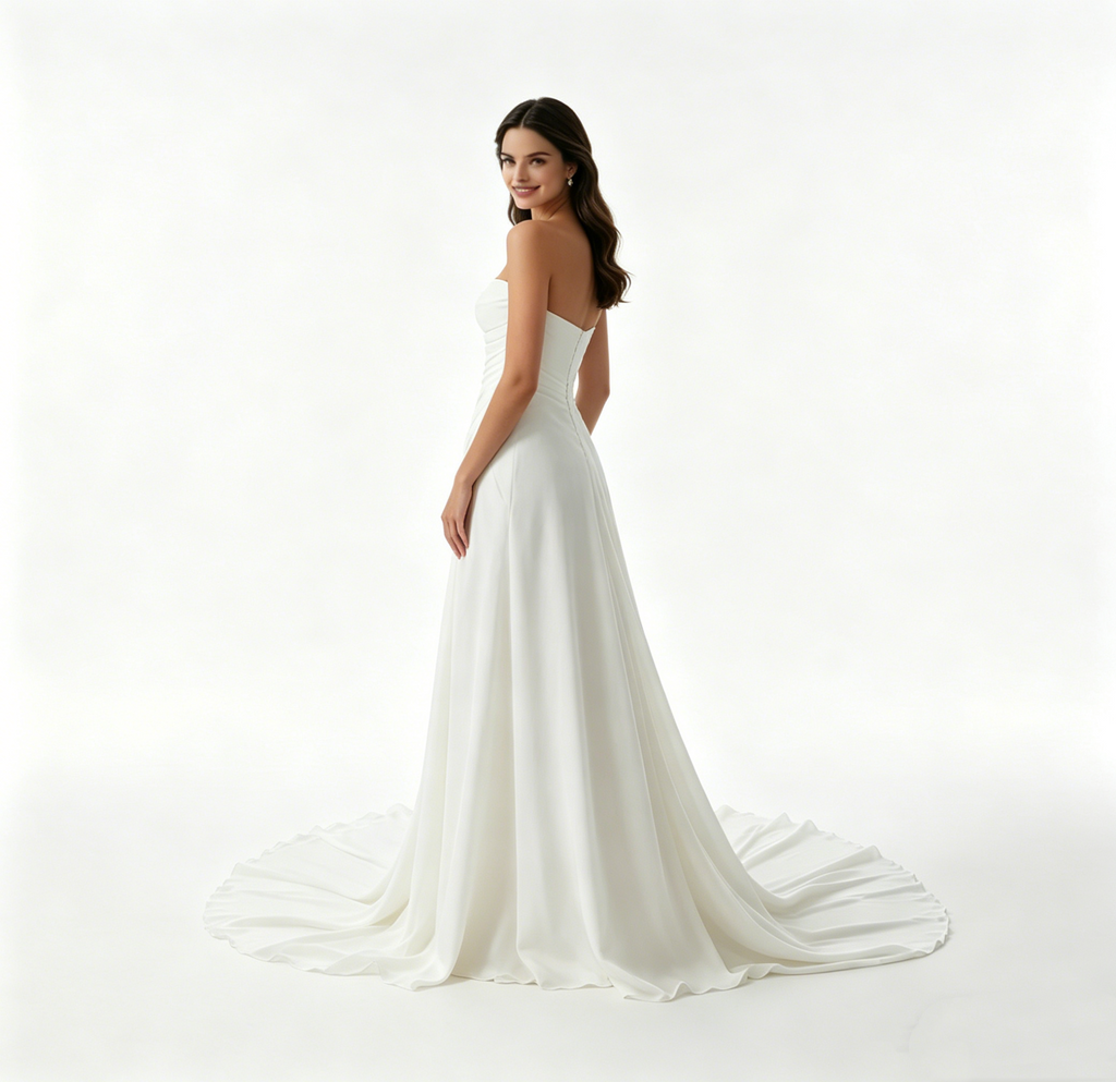 Exklusives weißes Satin-Maxikleid trägerlos mit Raffungen, elegantes bodenlanges Abendkleid mit Schlitz und Schleppe