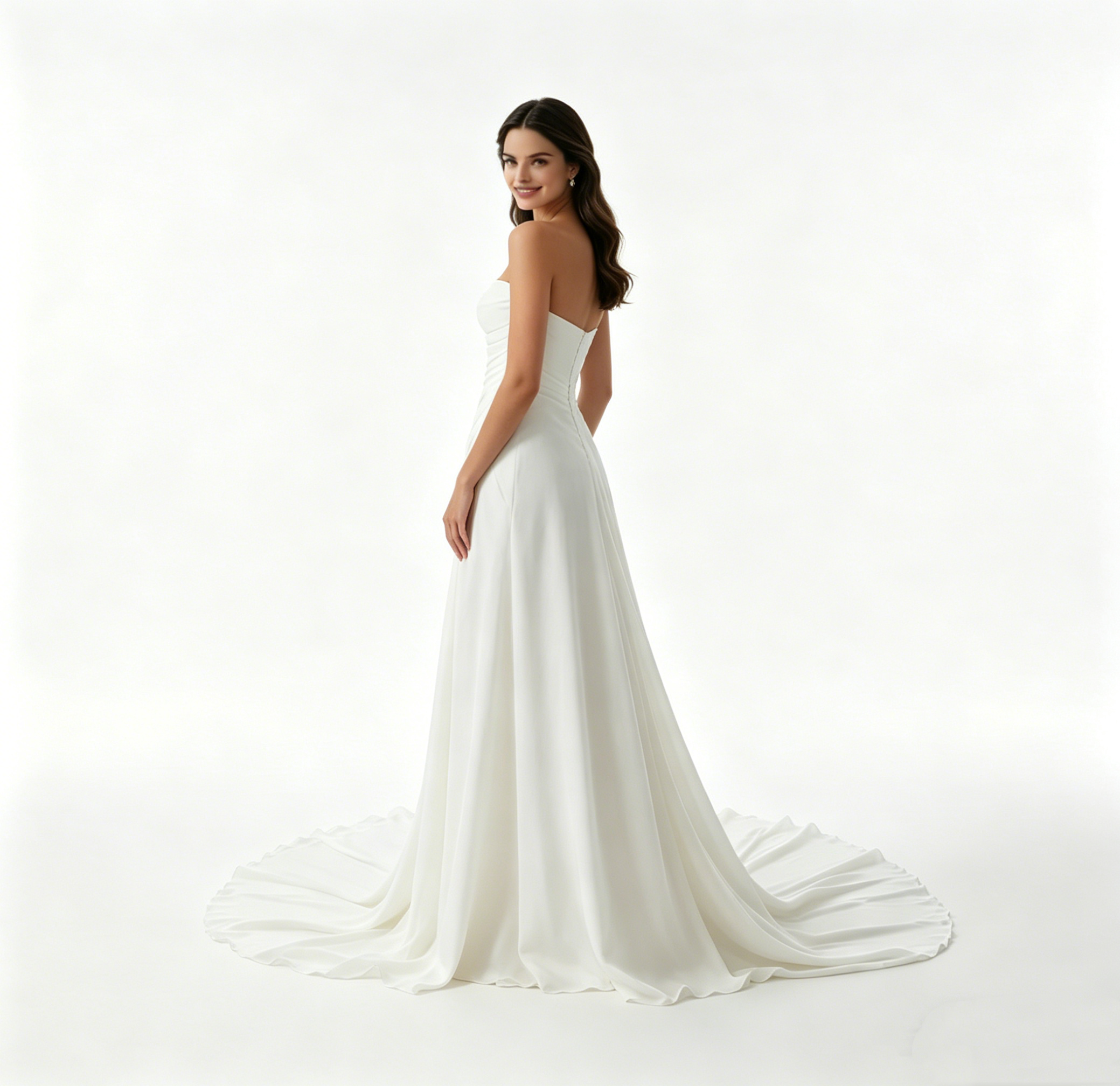 Exklusives weißes Satin-Maxikleid trägerlos mit Raffungen, elegantes bodenlanges Abendkleid mit Schlitz und Schleppe