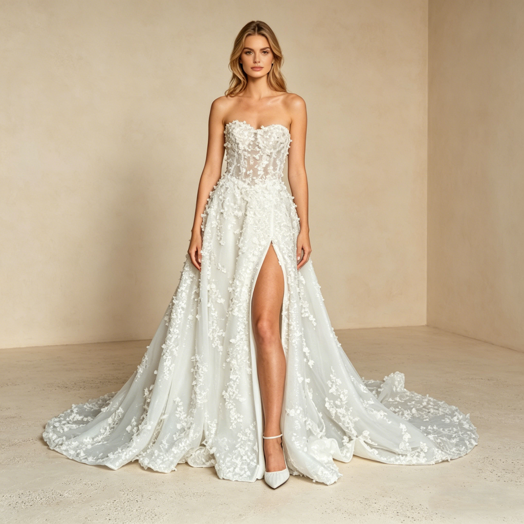 Exklusives Abendkleid mit 3D-Blumenapplikationen, Elegantes Galarobe mit Beinschlitz, Trägerloses Maxikleid in Elfenbein für Besondere Anlässe