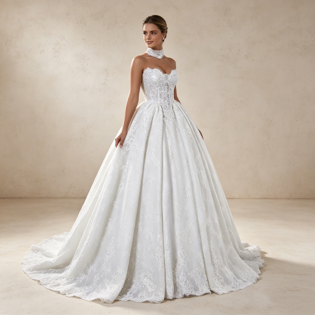 Romantischer Vintage-Traum: Voluminöse Prinzessinnen-Robe mit nostalgischer Spitze in Reinweiß
