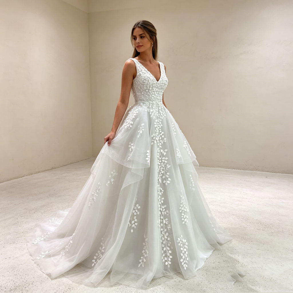 Fashion-Statement in Weiß: Voluminöse Prinzessinnen-Robe mit kunstvoller Spitze für den perfekten Auftritt