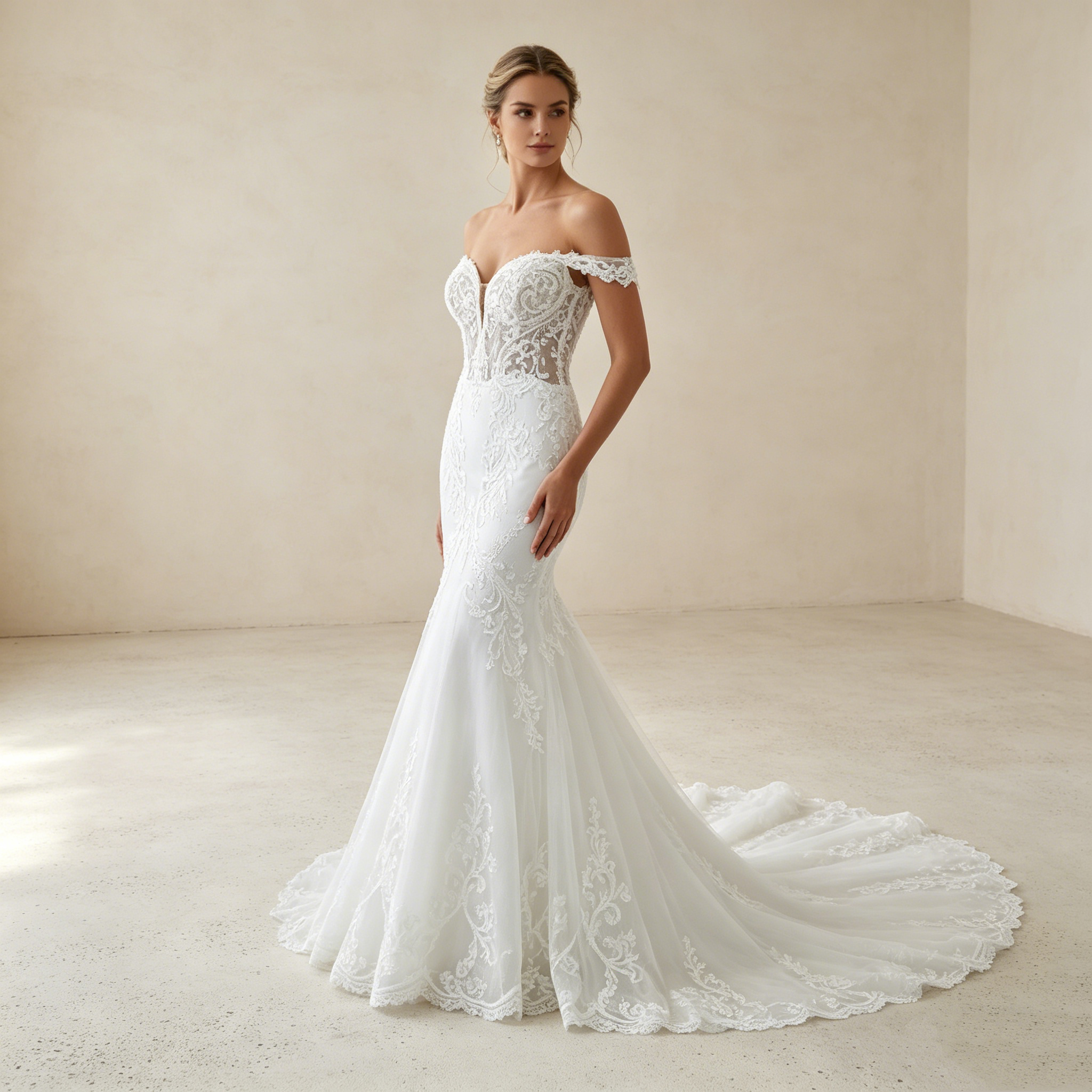 Atemberaubende Meerjungfrau-Silhouette: Bodenlange weiße Robe mit filigranen Spitzen-Applikationen und luftigem Tüll
