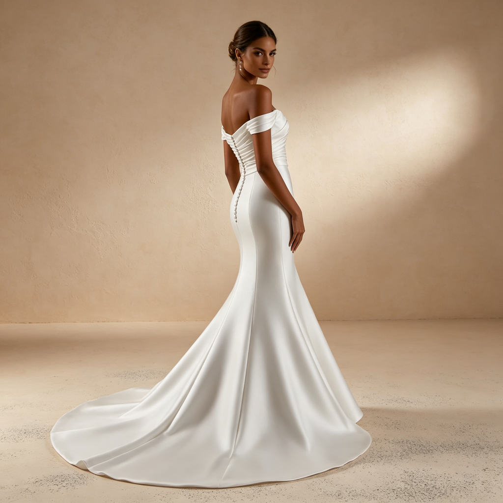 Echtes Seide Schulterfreies Meerjungfrau Abendkleid mit Schleppe – Elfenbein