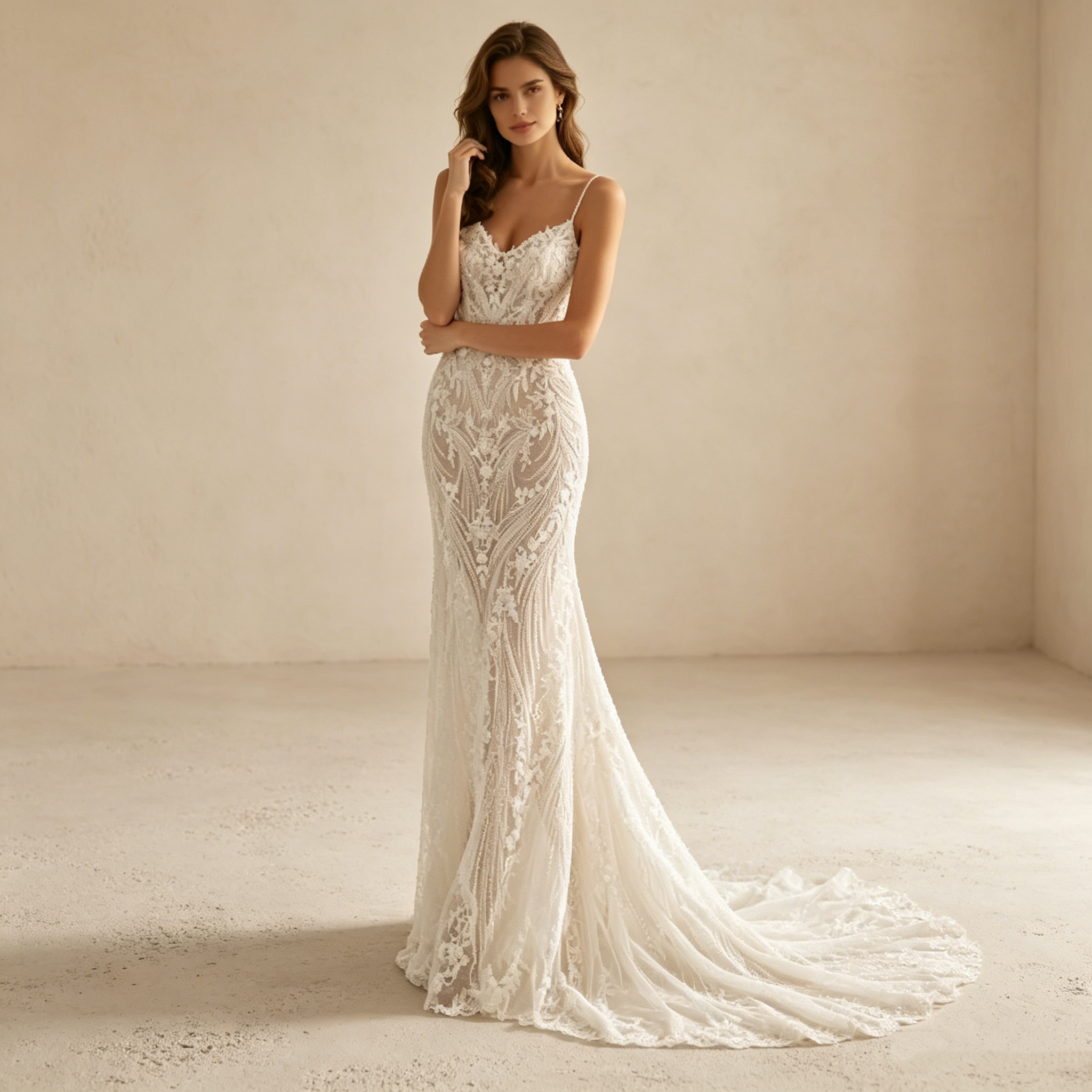 Elegantes Spitzen-Abendkleid in Weiß mit Schleppe | Luxus Maxi-Kleid Meerjungfrau-Stil rückenfrei für Damen