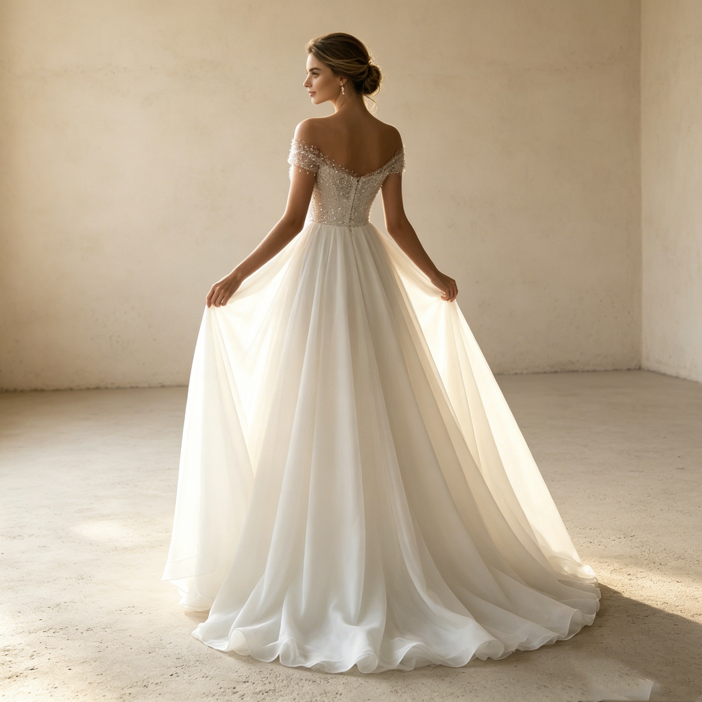 Etherische A Linie aus fließendem Chiffon mit grazilen Ärmeldetails für eine luftige Präsenz