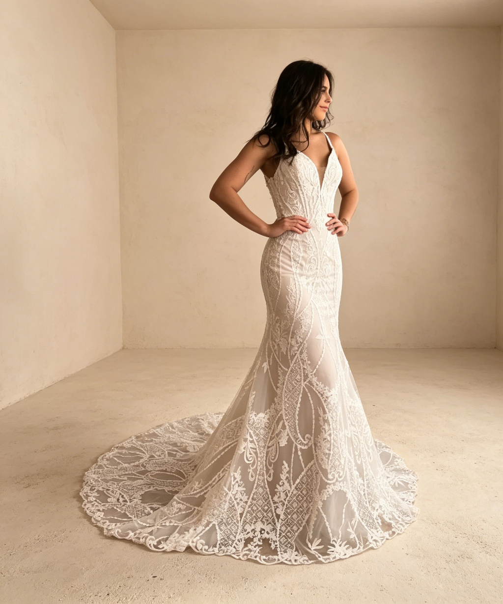 Sinnliche Eleganz in Spitze: Figurbetontes Mermaid-Kleid mit V-Ausschnitt und zarten Spaghetti-Trägern