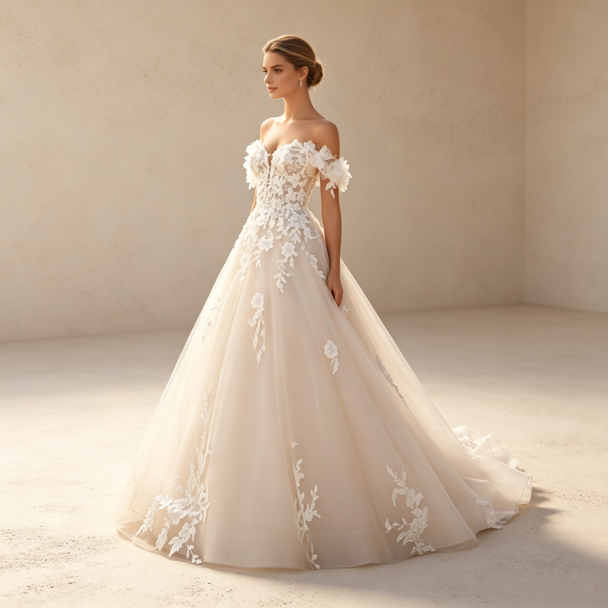 Exquisites Elfenbeinfarbenes A-Linie Abendkleid mit Schulterfreien 3D-Blumenapplikationen und Tüllrock