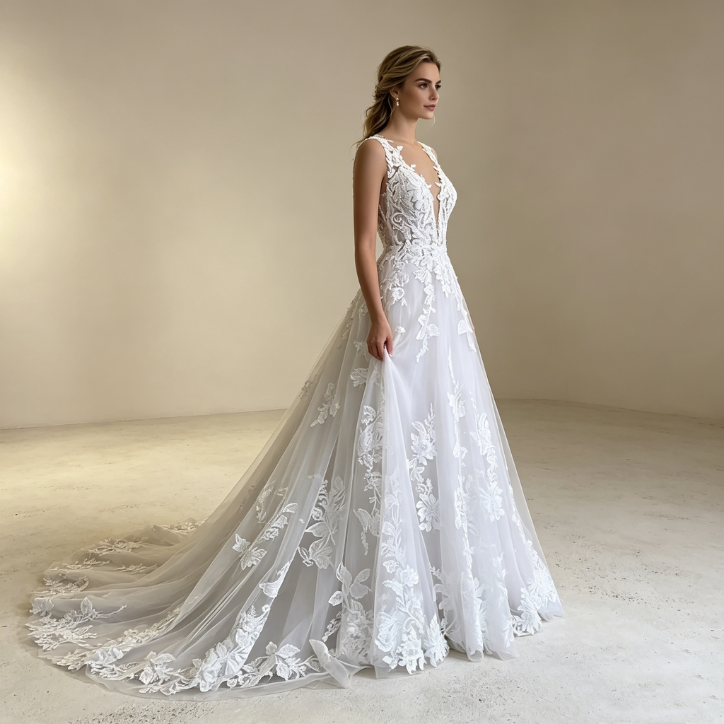 Romantischer Boho-Traum: A-Linien-Kleid mit aufwendigen 3D-Blüten-Applikationen und verführerischem Rückenausschnitt