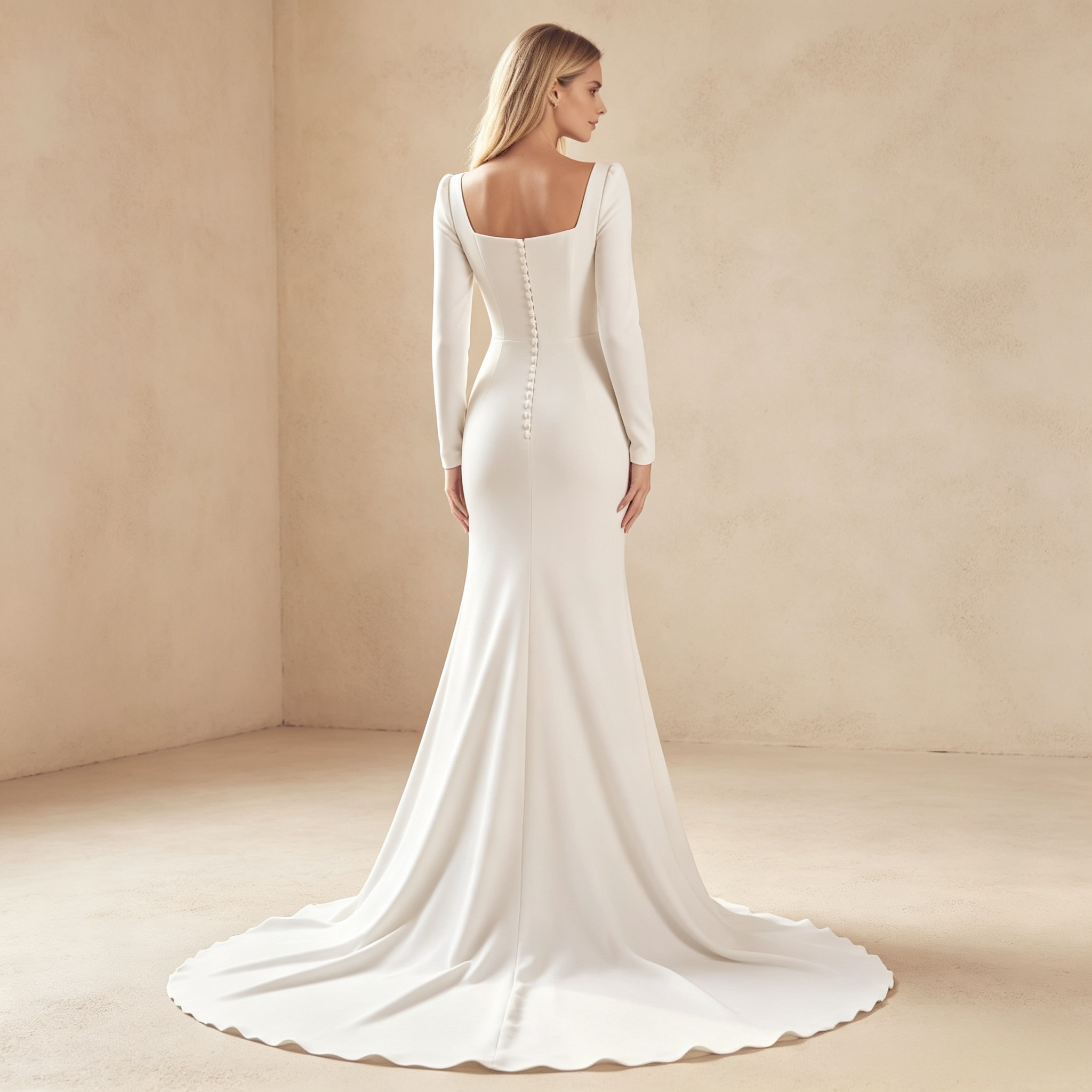 Damen Crêpe-Maxikleid mit Langarm, Karree-Ausschnitt und Knopfleiste - Elfenbein