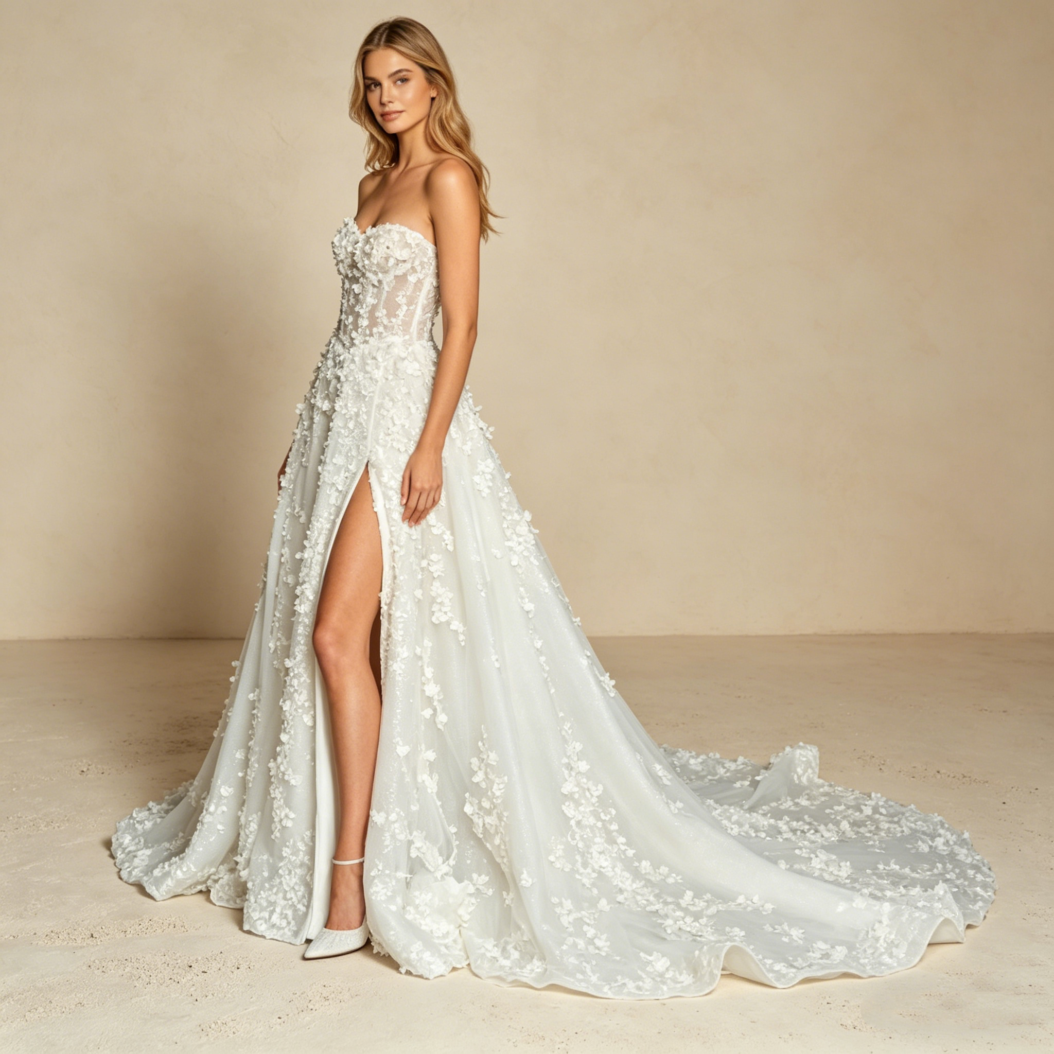 Exklusives Abendkleid mit 3D-Blumenapplikationen, Elegantes Galarobe mit Beinschlitz, Trägerloses Maxikleid in Elfenbein für Besondere Anlässe