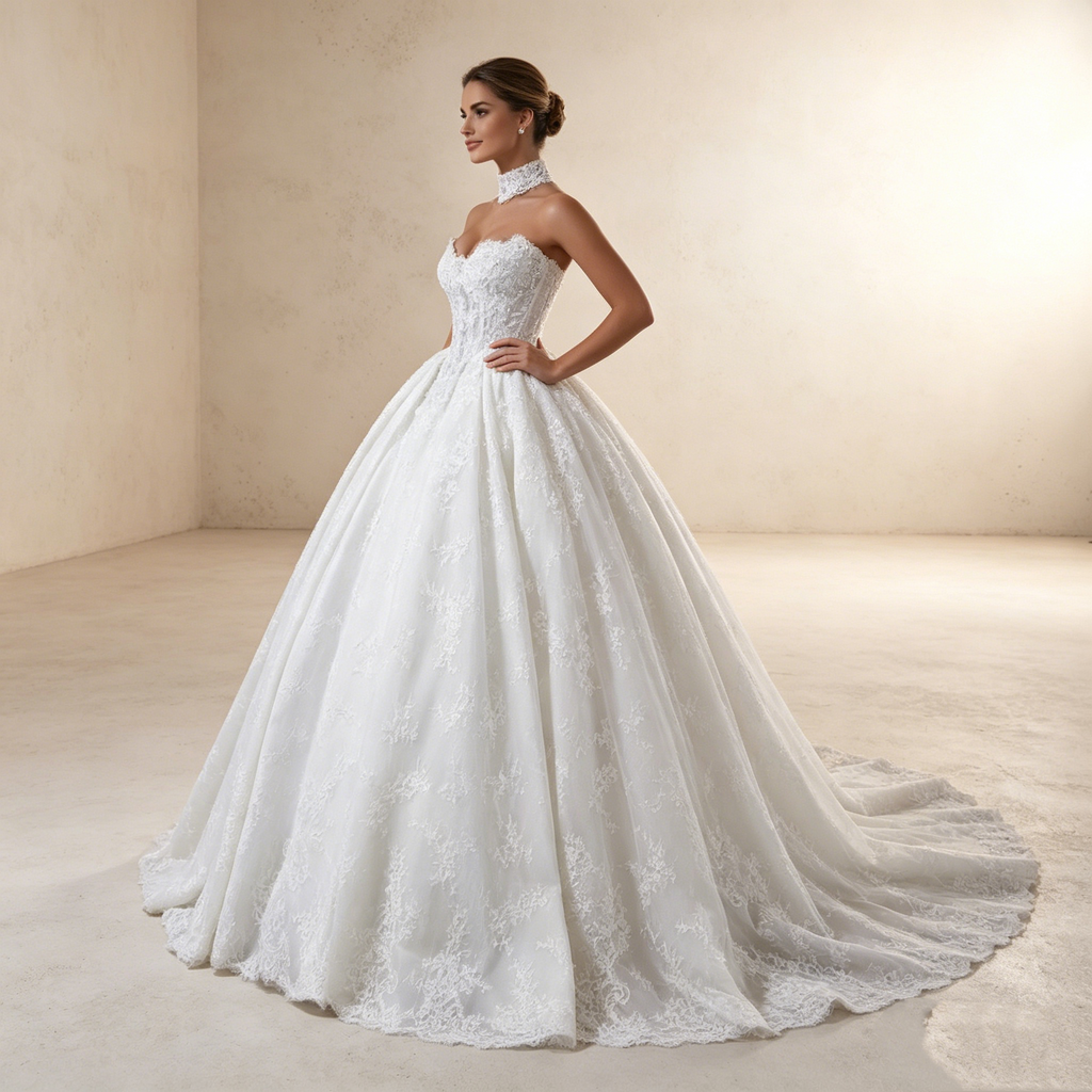 Romantischer Vintage-Traum: Voluminöse Prinzessinnen-Robe mit nostalgischer Spitze in Reinweiß