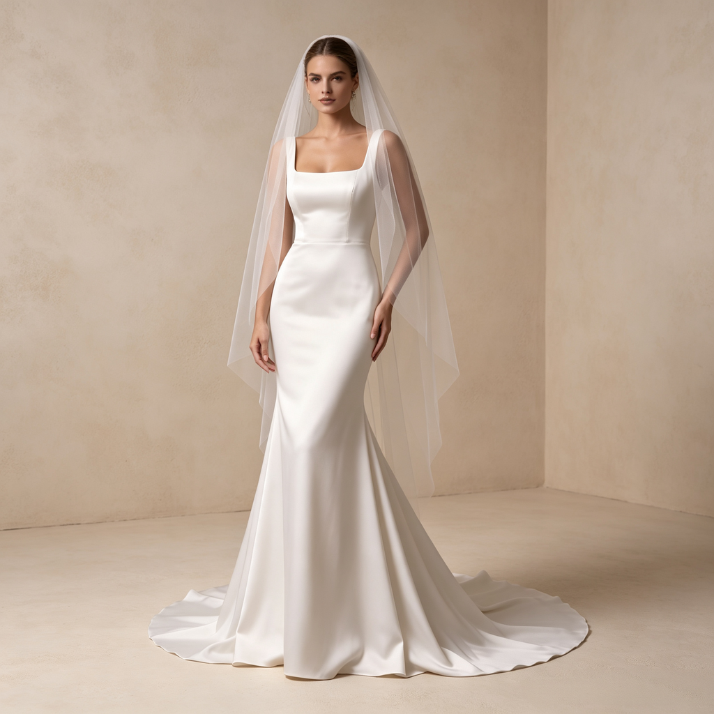 Damen Satin-Maxikleid mit Karree-Ausschnitt, Breiten Trägern und Schleppe - Elfenbein