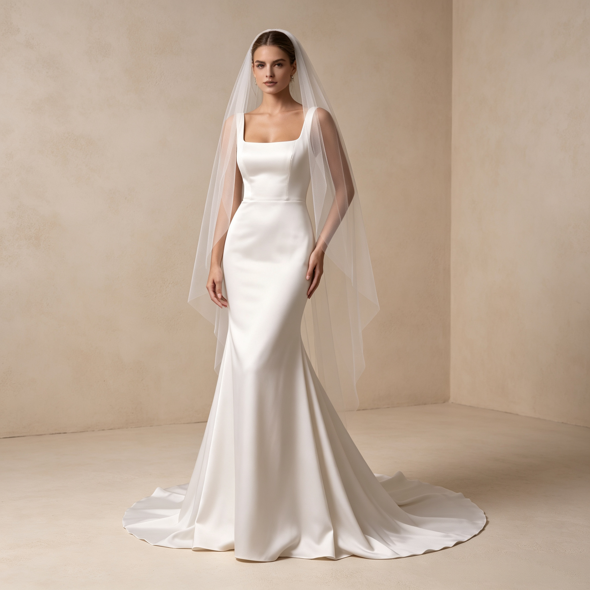 Damen Satin-Maxikleid mit Karree-Ausschnitt, Breiten Trägern und Schleppe - Elfenbein