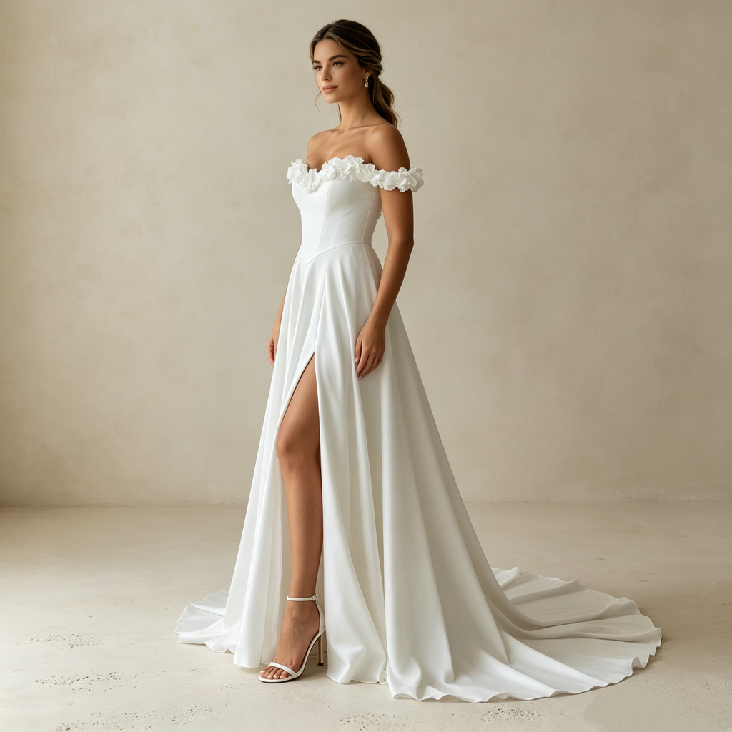 Exklusives weißes Off-Shoulder Maxikleid mit 3D-Blütenapplikationen, elegantes Abendkleid mit hohem Beinschlitz und Schleppe