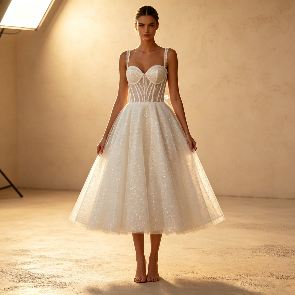 Trägerloses Midikleid mit Glitzer-Tüll, Corsagen-Oberteil und A-Linie – Elfenbein