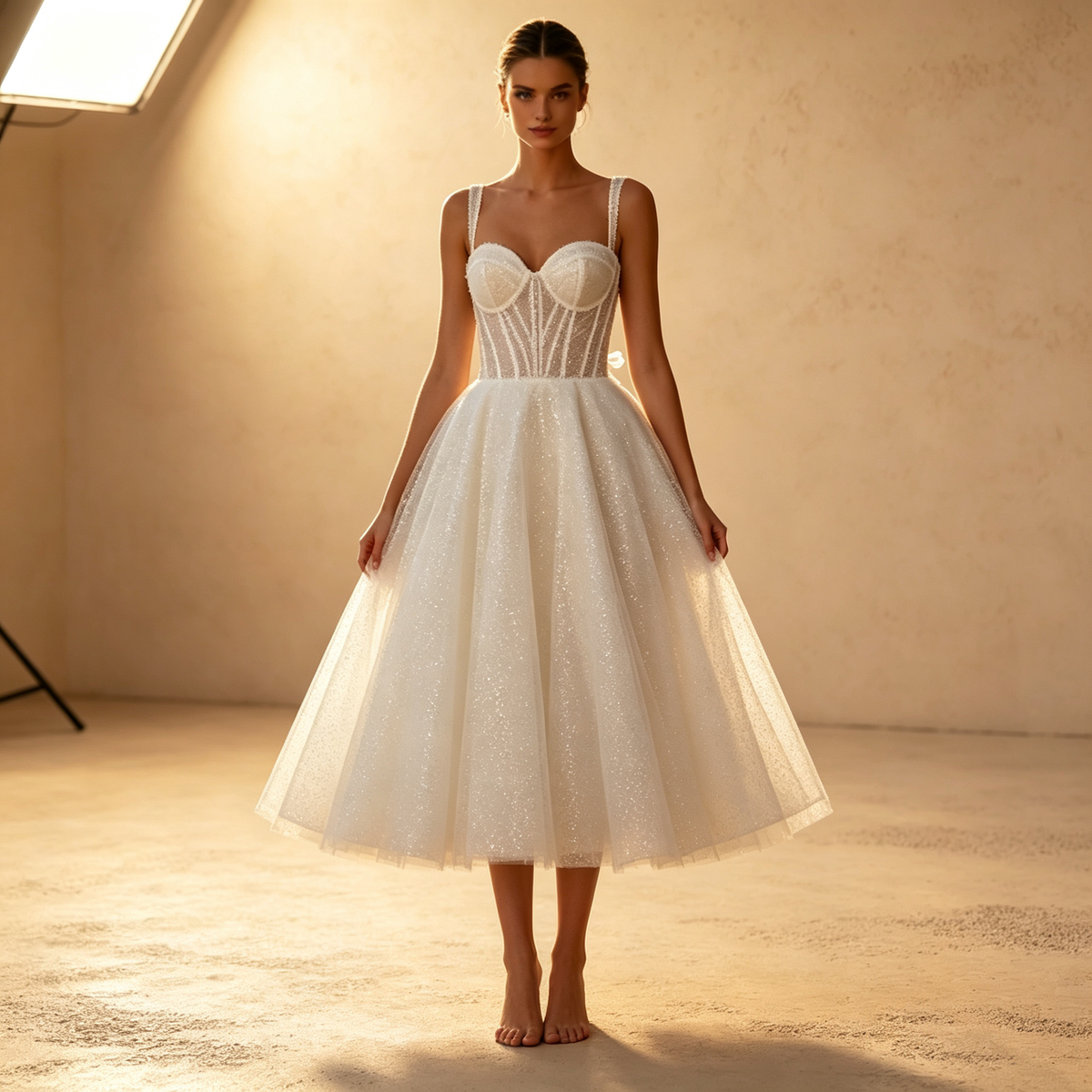 Trägerloses Midikleid mit Glitzer-Tüll, Corsagen-Oberteil und A-Linie – Elfenbein