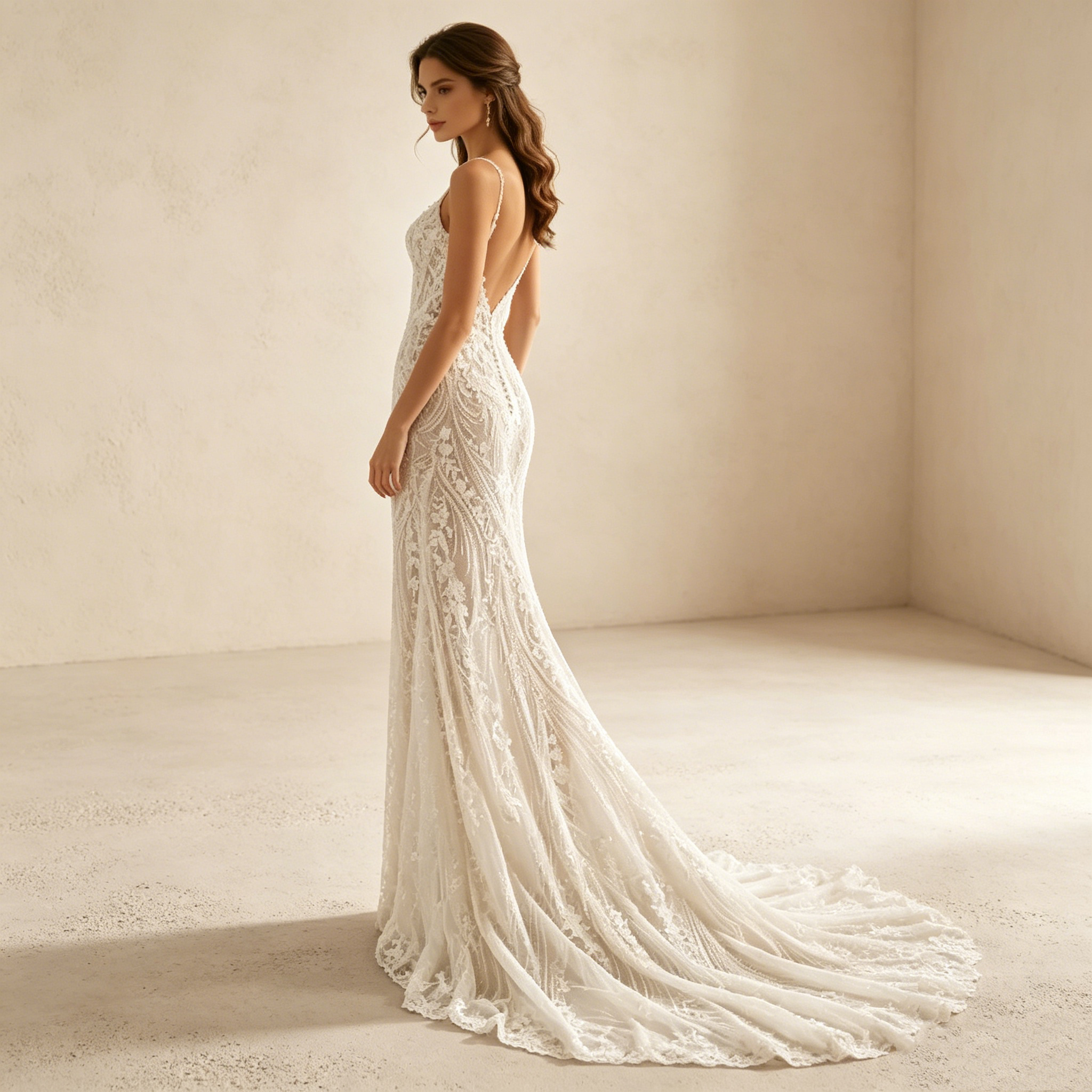 Elegantes Spitzen-Abendkleid in Weiß mit Schleppe | Luxus Maxi-Kleid Meerjungfrau-Stil rückenfrei für Damen