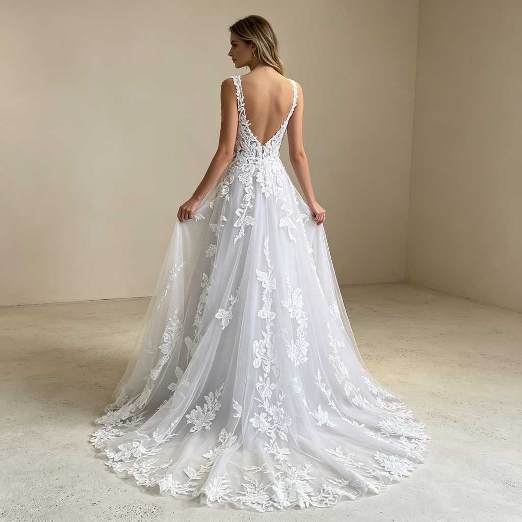 Romantischer Boho-Traum: A-Linien-Kleid mit aufwendigen 3D-Blüten-Applikationen und verführerischem Rückenausschnitt