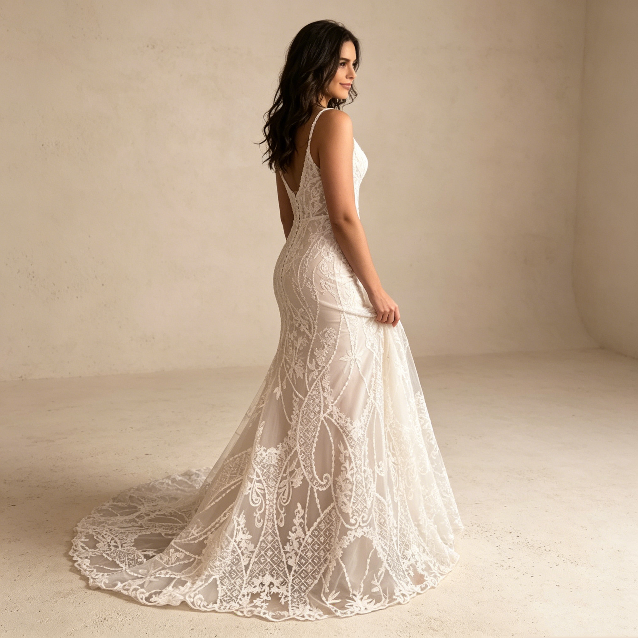 Sinnliche Eleganz in Spitze: Figurbetontes Mermaid-Kleid mit V-Ausschnitt und zarten Spaghetti-Trägern