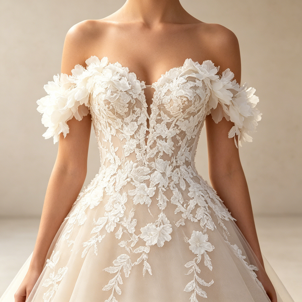 Exquisites Elfenbeinfarbenes A-Linie Abendkleid mit Schulterfreien 3D-Blumenapplikationen und Tüllrock