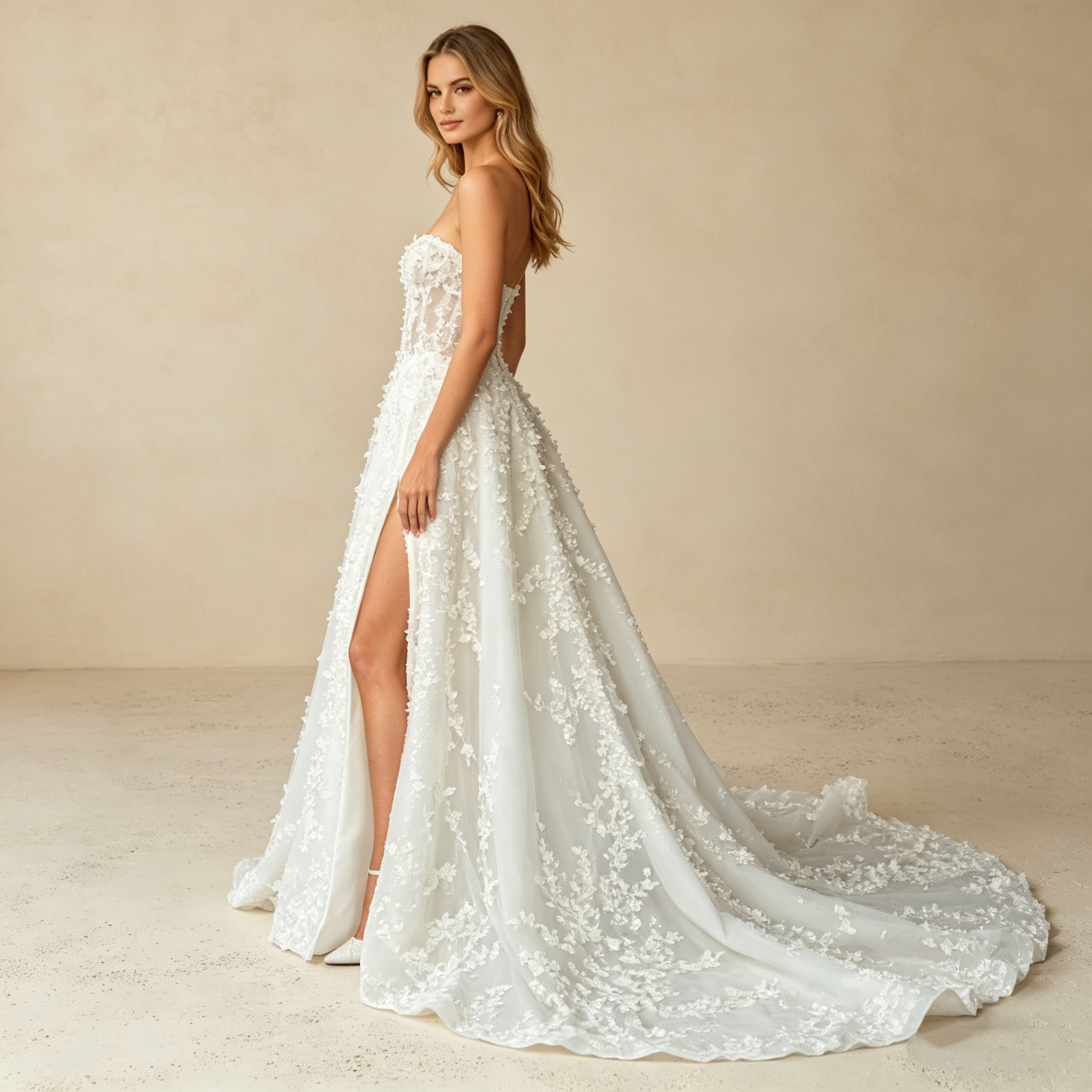 Exklusives Abendkleid mit 3D-Blumenapplikationen, Elegantes Galarobe mit Beinschlitz, Trägerloses Maxikleid in Elfenbein für Besondere Anlässe