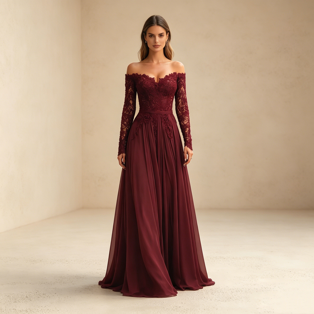 Abendkleid in Weinrot mit Spitzen-Applikationen und Off-Shoulder-Ärmeln