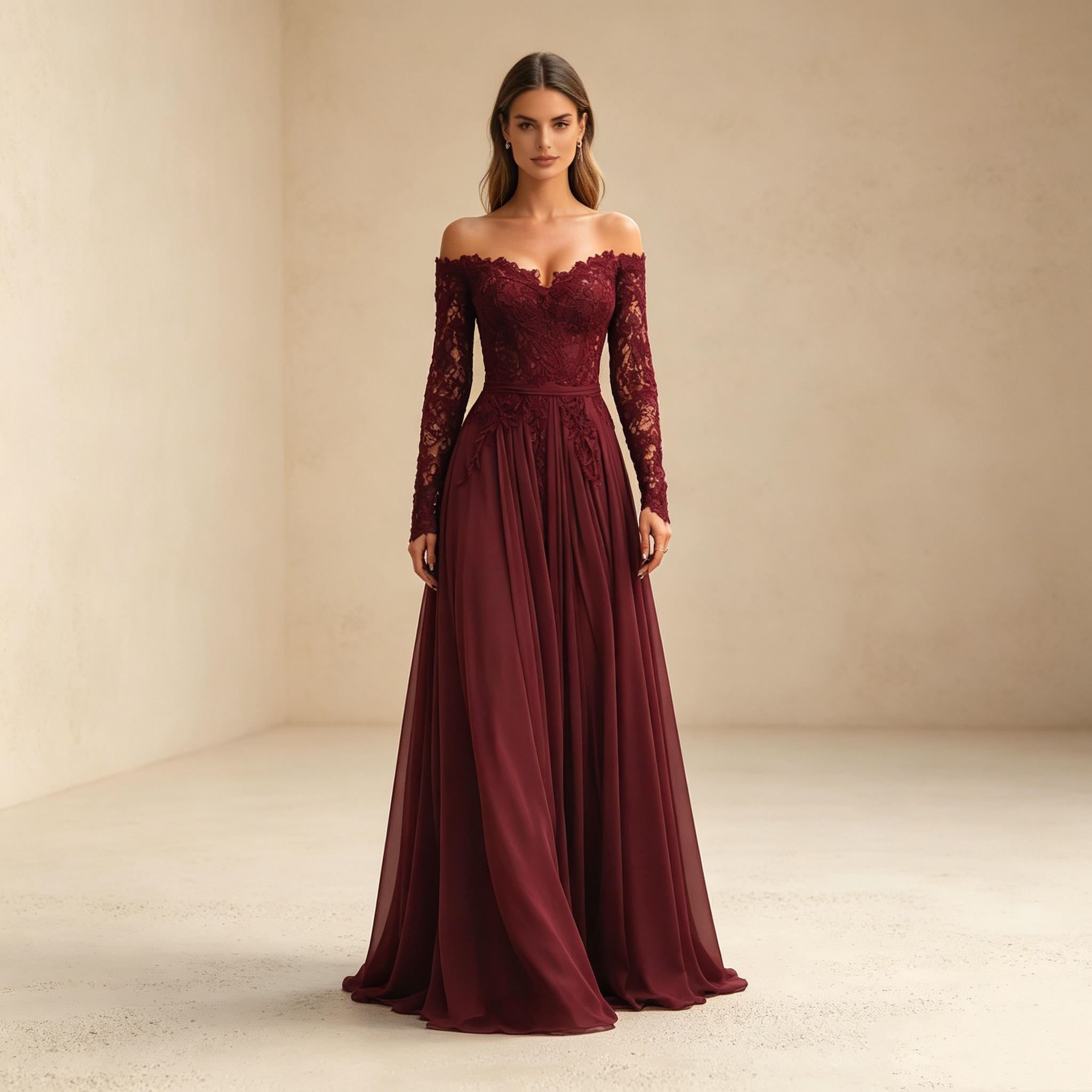 Abendkleid in Weinrot mit Spitzen-Applikationen und Off-Shoulder-Ärmeln