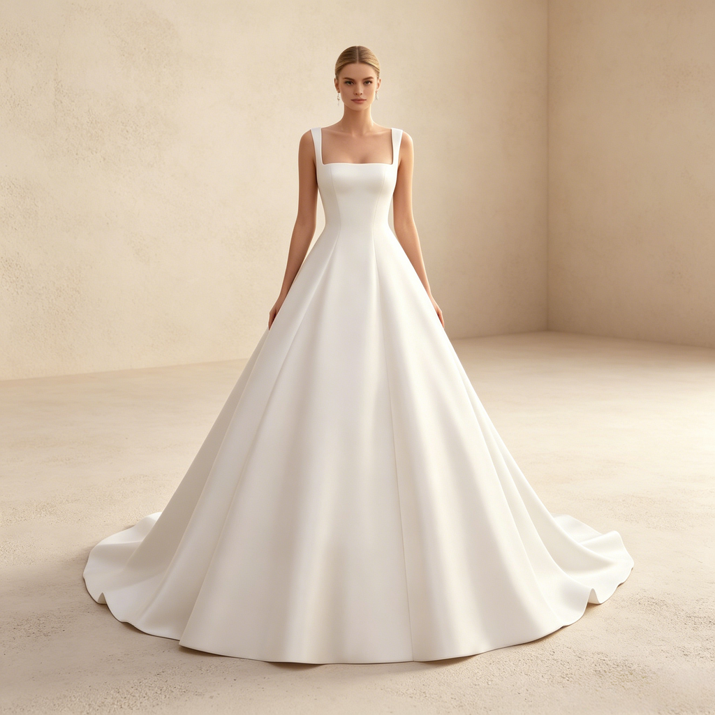 Minimalistisches Elfenbeinfarbenes A-Linie Abendkleid aus Edlem Satin mit Eckigem Ausschnitt