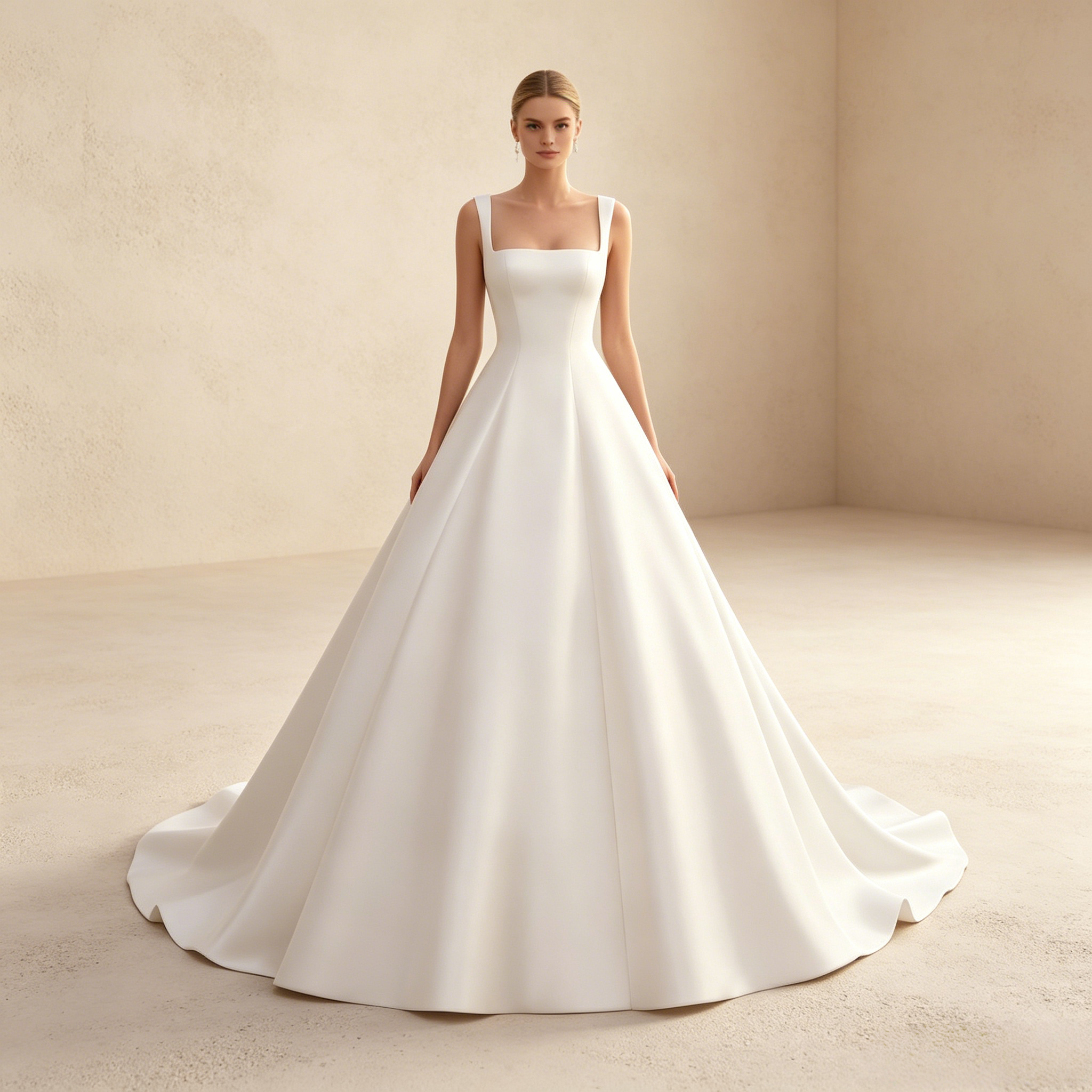 Minimalistisches Elfenbeinfarbenes A-Linie Abendkleid aus Edlem Satin mit Eckigem Ausschnitt