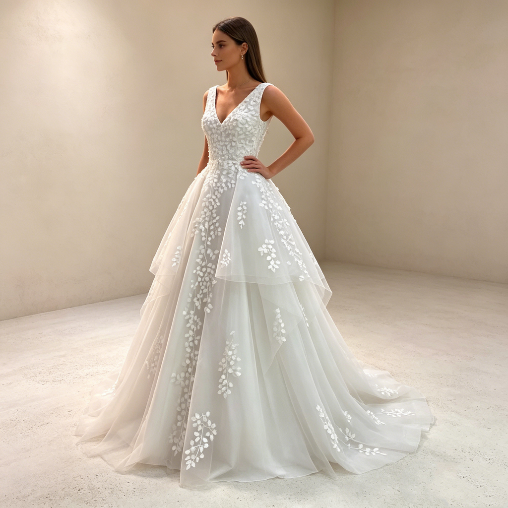 Fashion-Statement in Weiß: Voluminöse Prinzessinnen-Robe mit kunstvoller Spitze für den perfekten Auftritt