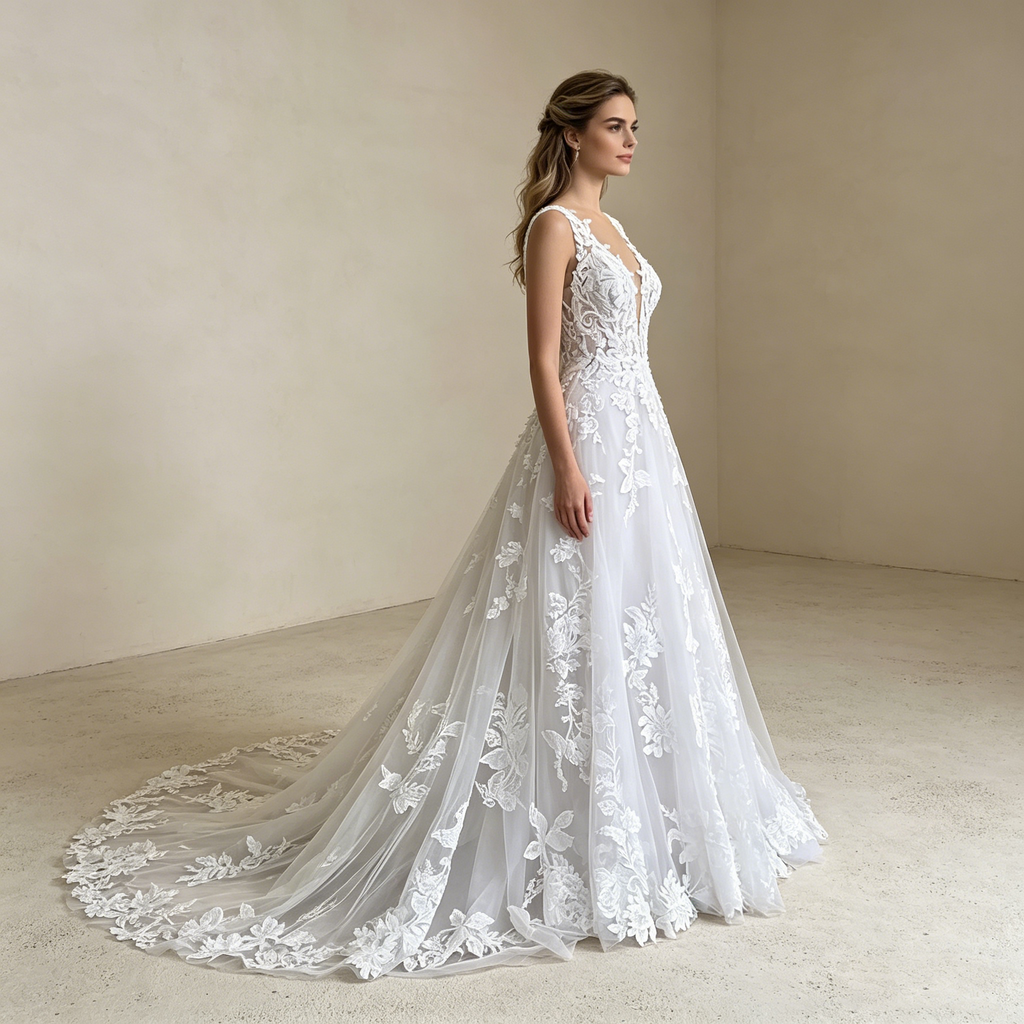 Romantischer Boho-Traum: A-Linien-Kleid mit aufwendigen 3D-Blüten-Applikationen und verführerischem Rückenausschnitt