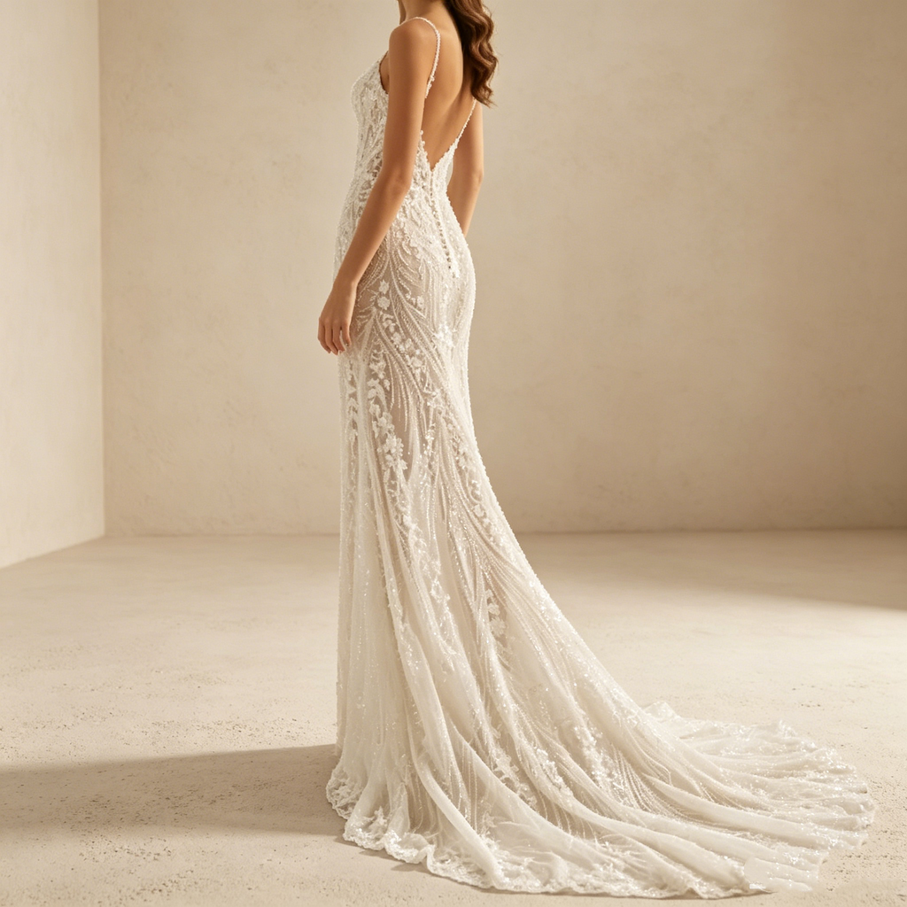 Elegantes Spitzen-Abendkleid in Weiß mit Schleppe | Luxus Maxi-Kleid Meerjungfrau-Stil rückenfrei für Damen