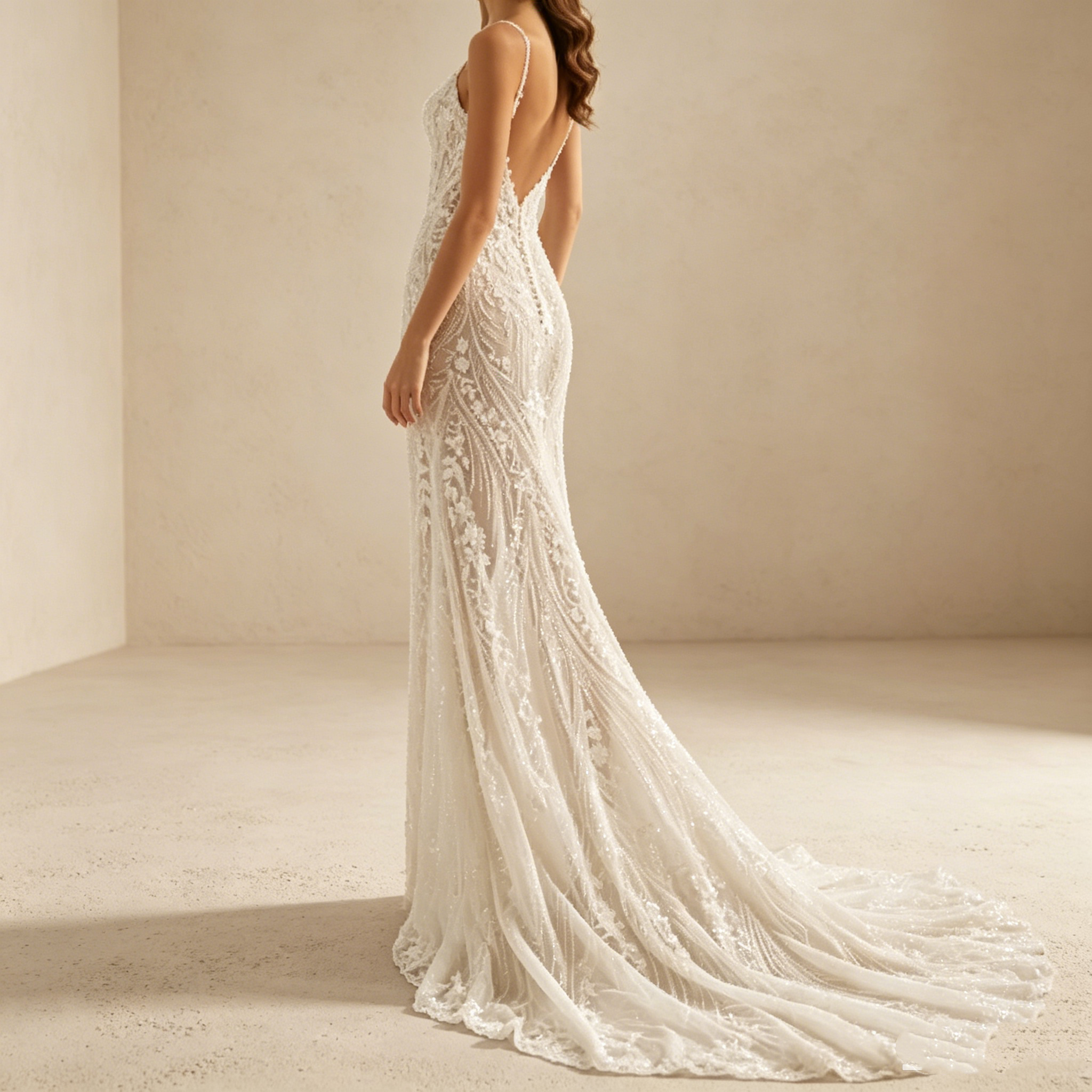 Elegantes Spitzen-Abendkleid in Weiß mit Schleppe | Luxus Maxi-Kleid Meerjungfrau-Stil rückenfrei für Damen