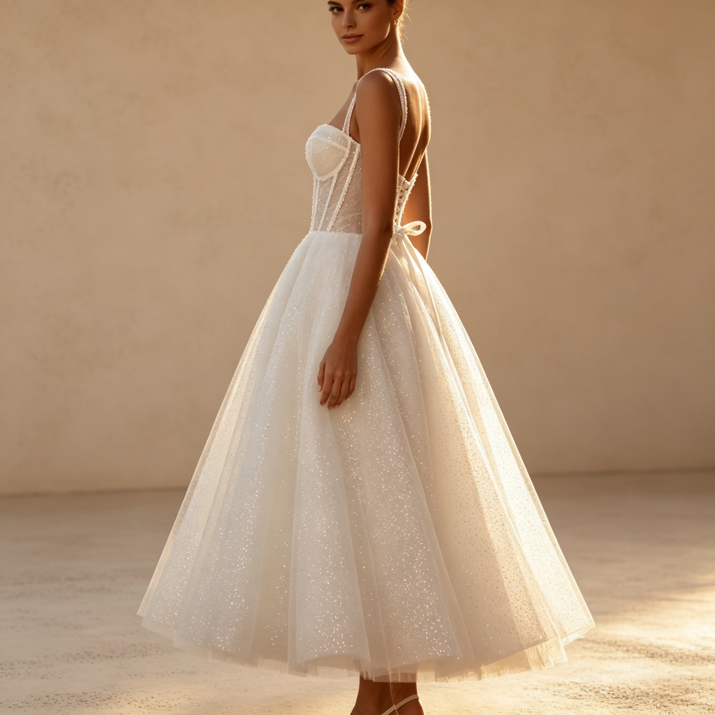 Trägerloses Midikleid mit Glitzer-Tüll, Corsagen-Oberteil und A-Linie – Elfenbein
