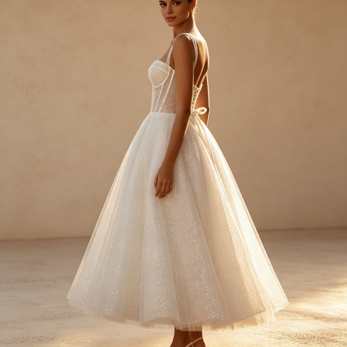 Trägerloses Midikleid mit Glitzer-Tüll, Corsagen-Oberteil und A-Linie – Elfenbein